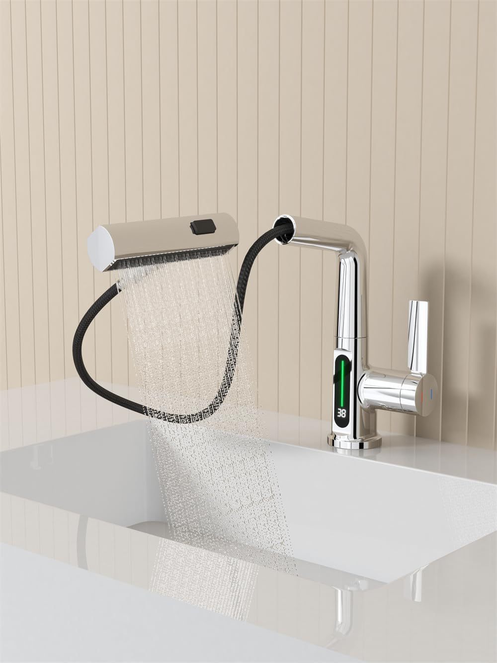 LED Temperature Display Basin Faucet with Pull-Out Lift and Waterfall Spout