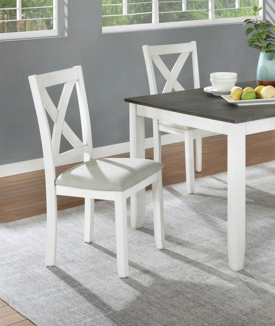 Rustic Simple Dinette 5pc Set Distressed White And Gray Dining Table 4x Side Chairs Padded Fabric Seat Natural Wood Grain Texture Dining Room Furniture