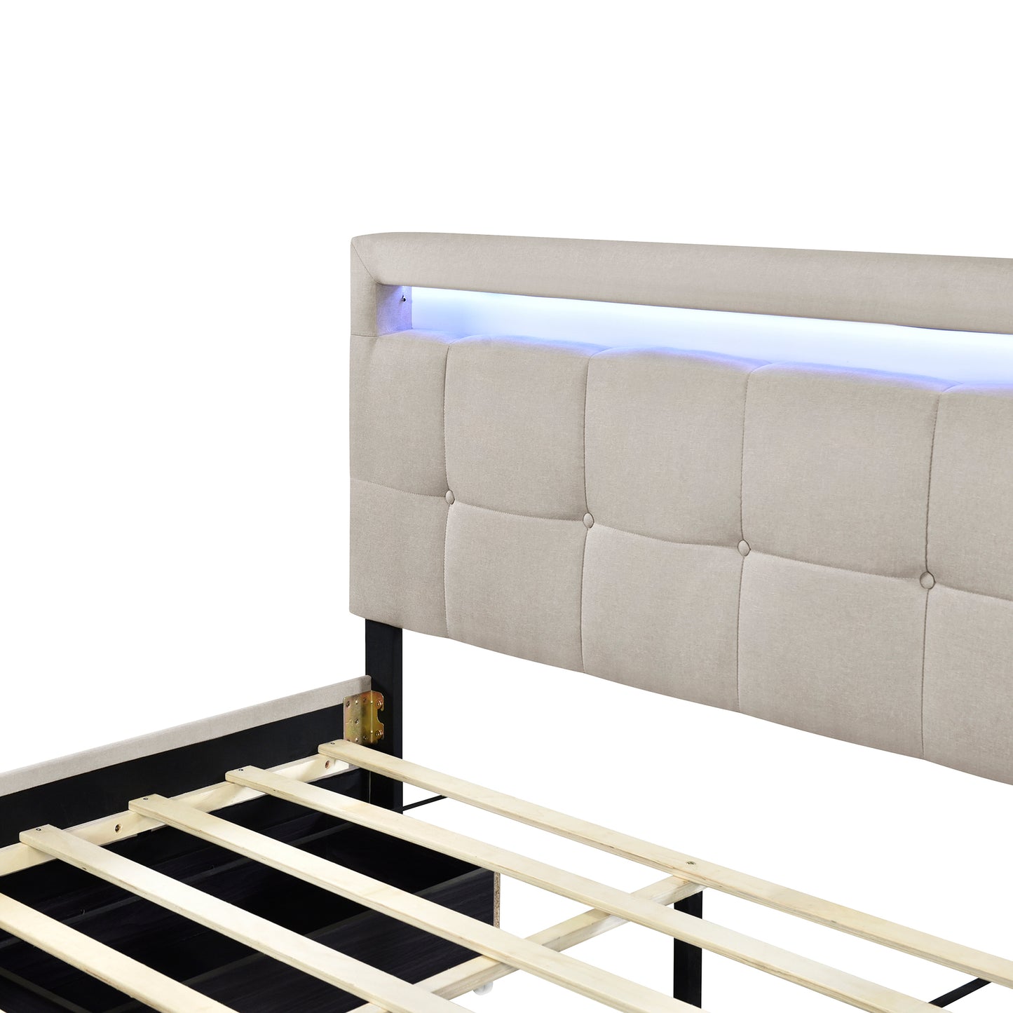 Queen Size Upholstered Platform Bed with LED Frame and 4 Drawers, Linen Fabric, Beige