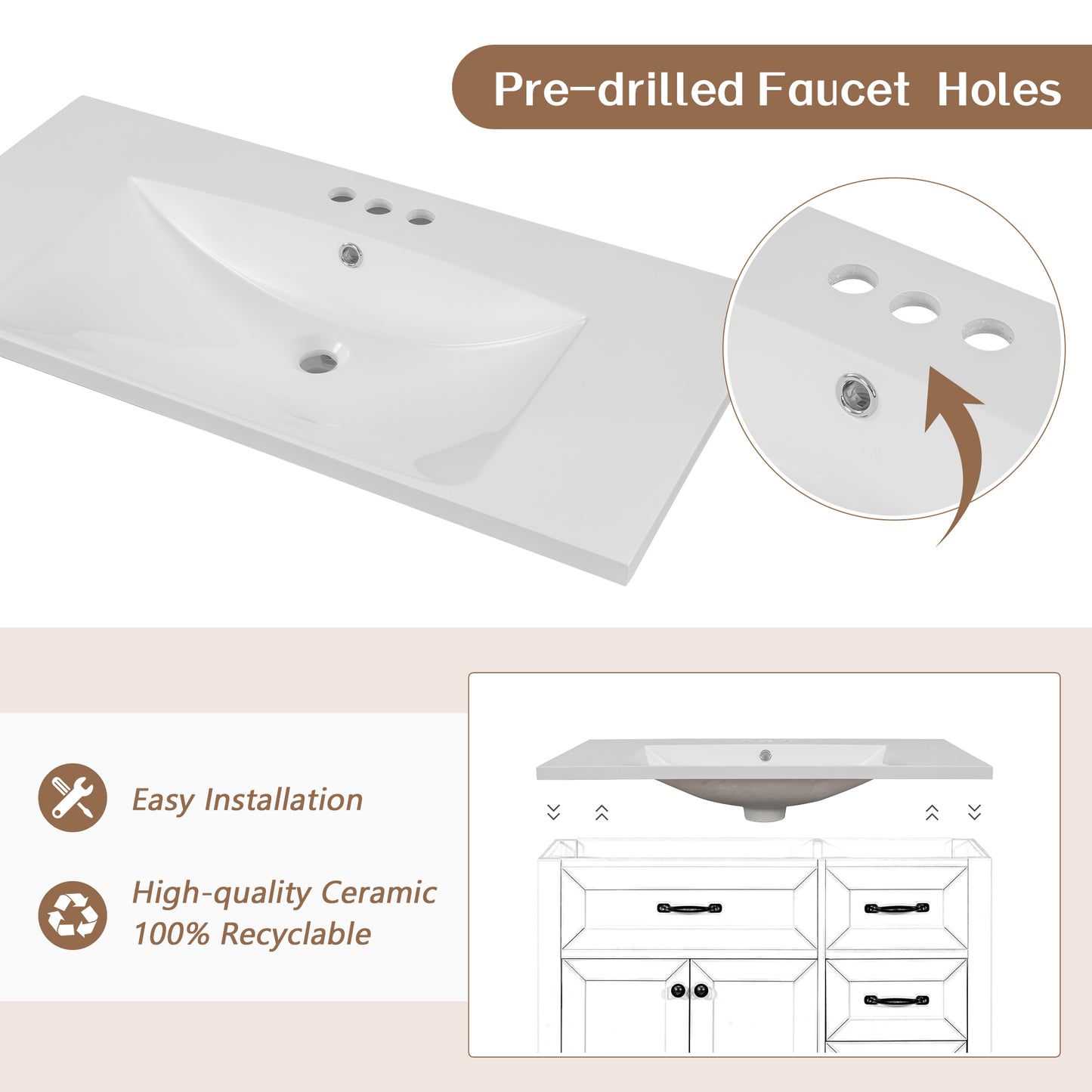 36" Bathroom Vanity with Sink Combo, White Bathroom Cabinet with Drawers, Solid Frame and MDF Board