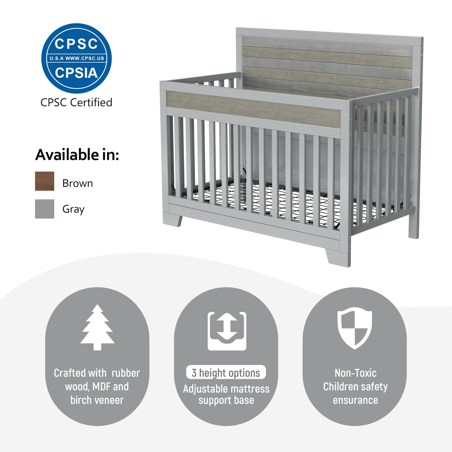 Certified Baby Safe Crib, Pine Solid Wood, Non-Toxic Finish, Gray