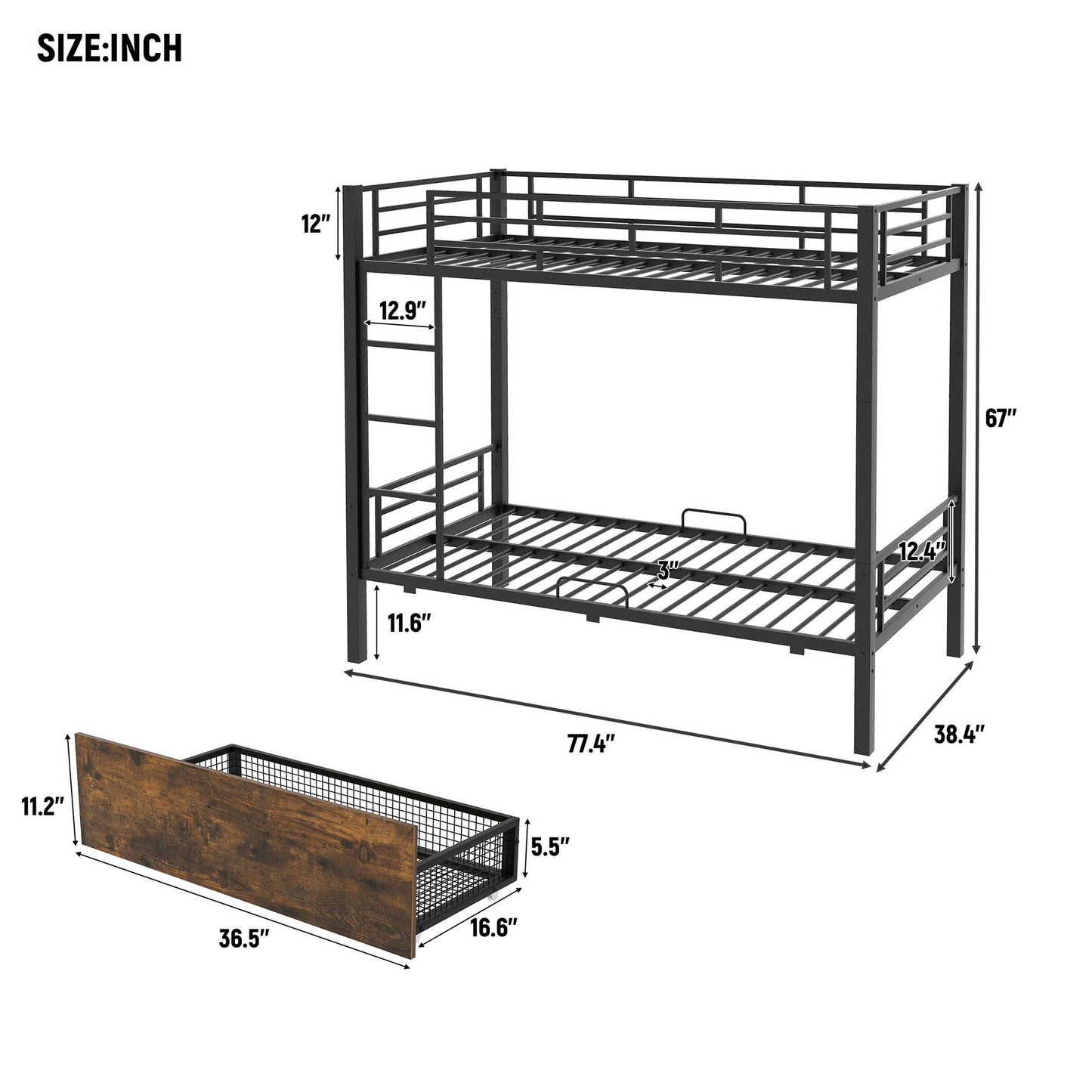 Black Twin Metal Bunk Bed with Underbed Storage Drawers