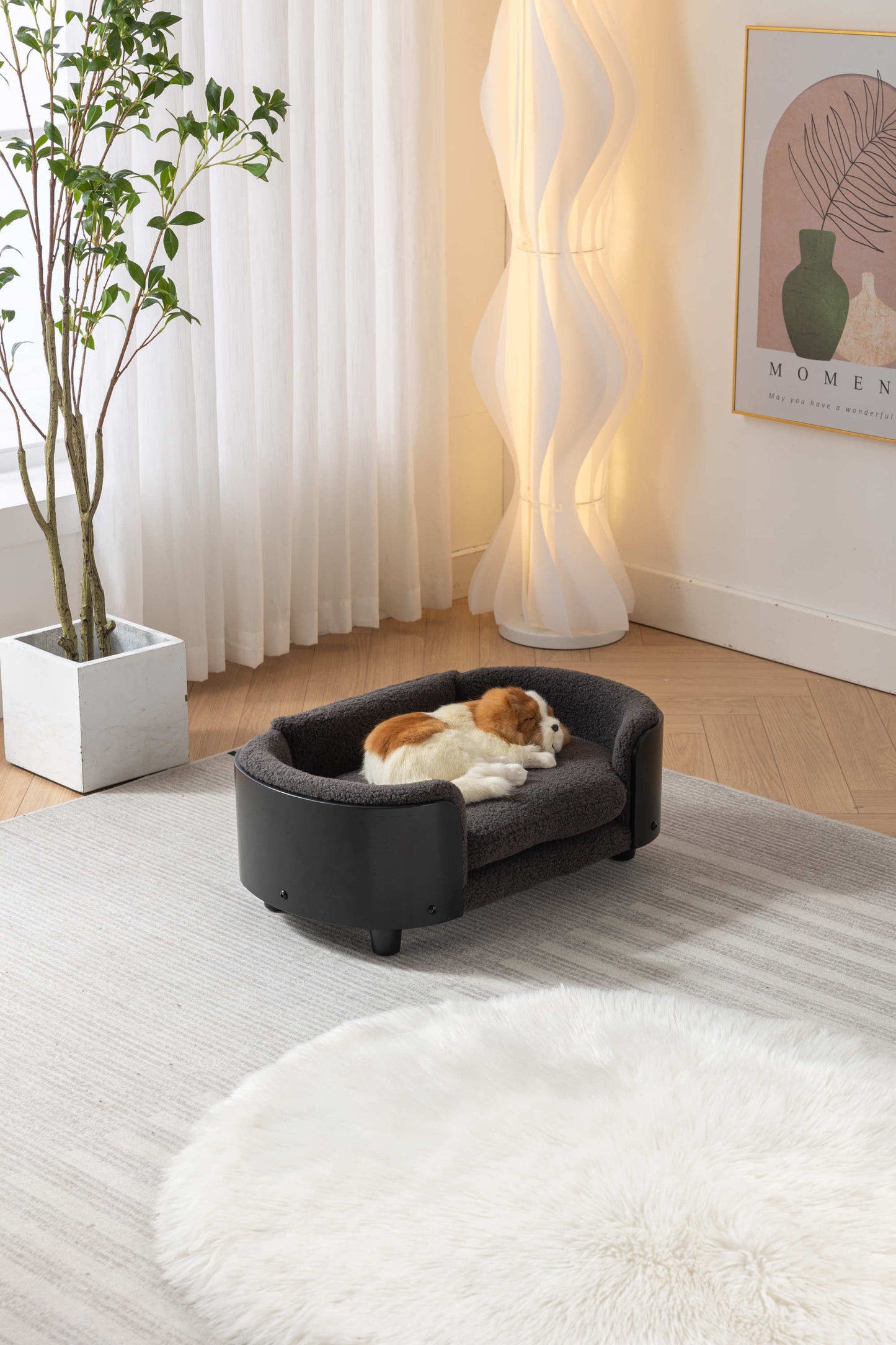 Scandinavian style Elevated Dog Bed Pet Sofa With Solid Wood legs and Black Bent Wood Back,  Cashmere Cushion,Small Size