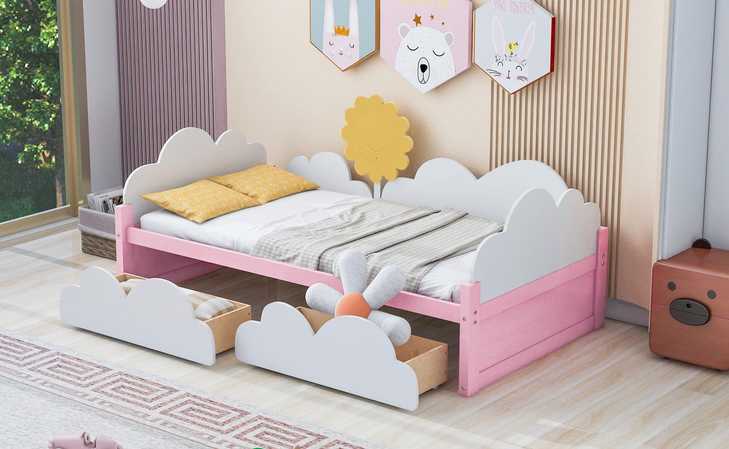 Twin Size Bed with Clouds and Sun Decor, Platform Bed with 2 Drawers (White+Pink)