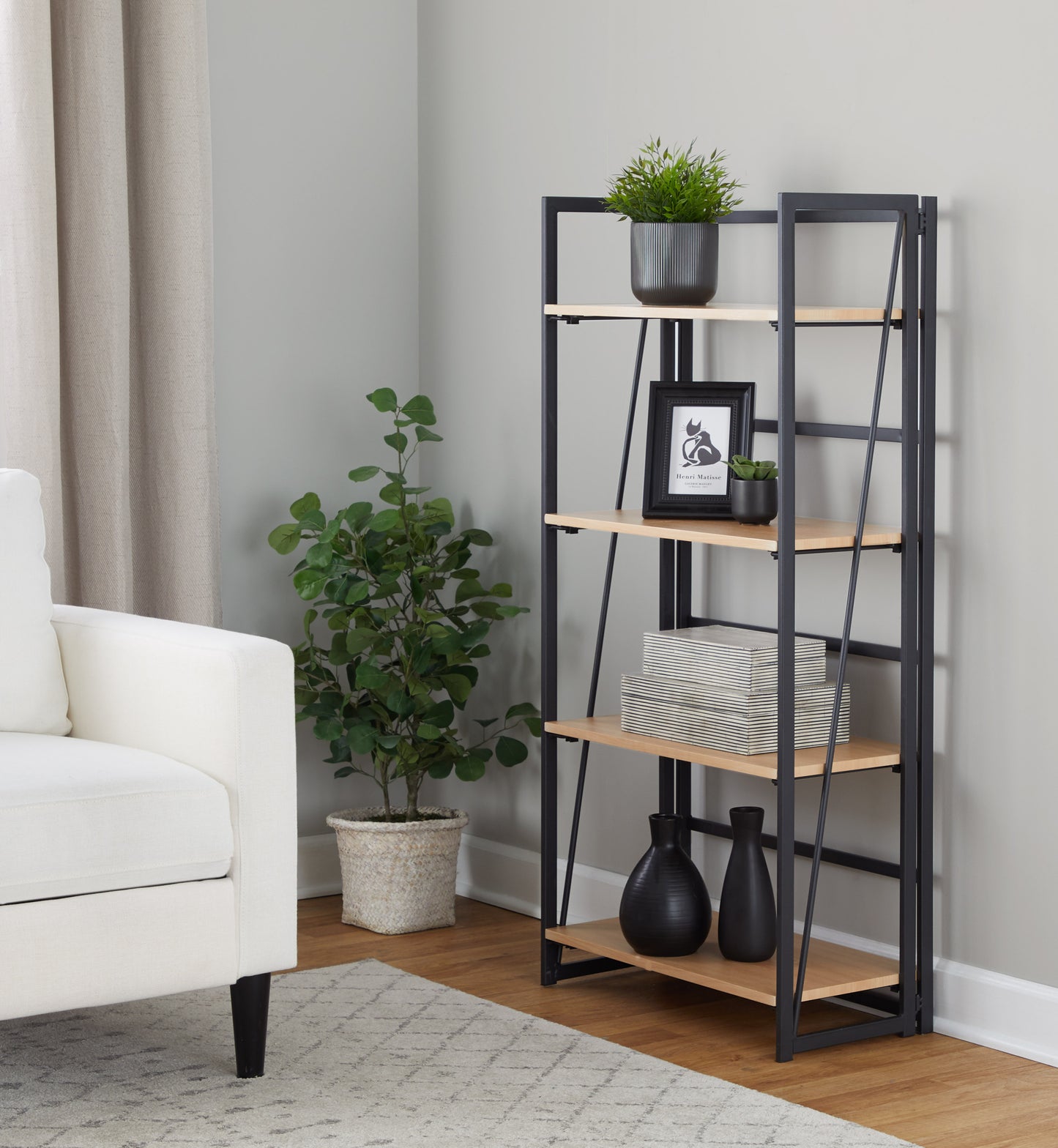 Dakota Contemporary Bookcase in Black Painted Metal and Natural Wood by LumiSource