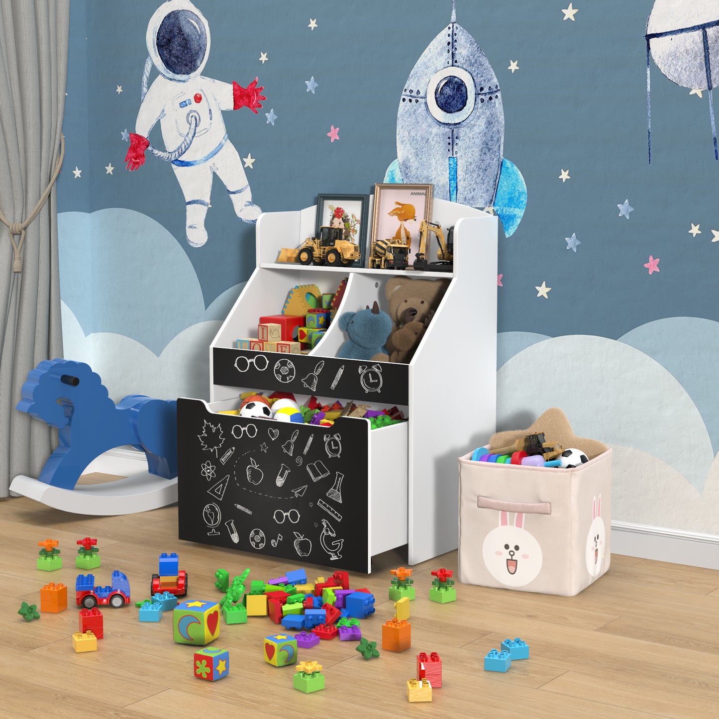 Children's White Bookshelf and Toy Storage Organizer with Rolling Bin and Chalkboard Panels