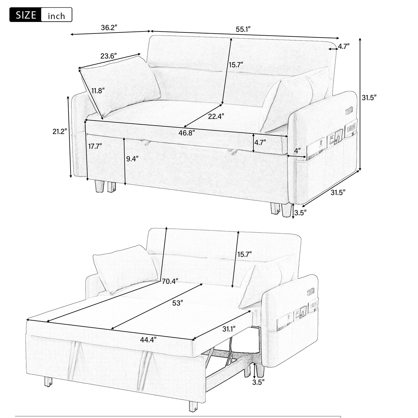 Adjustable Pull Out Sleep Sofa Bed Loveseat Couch with Storage Pockets, USB Ports, Beige