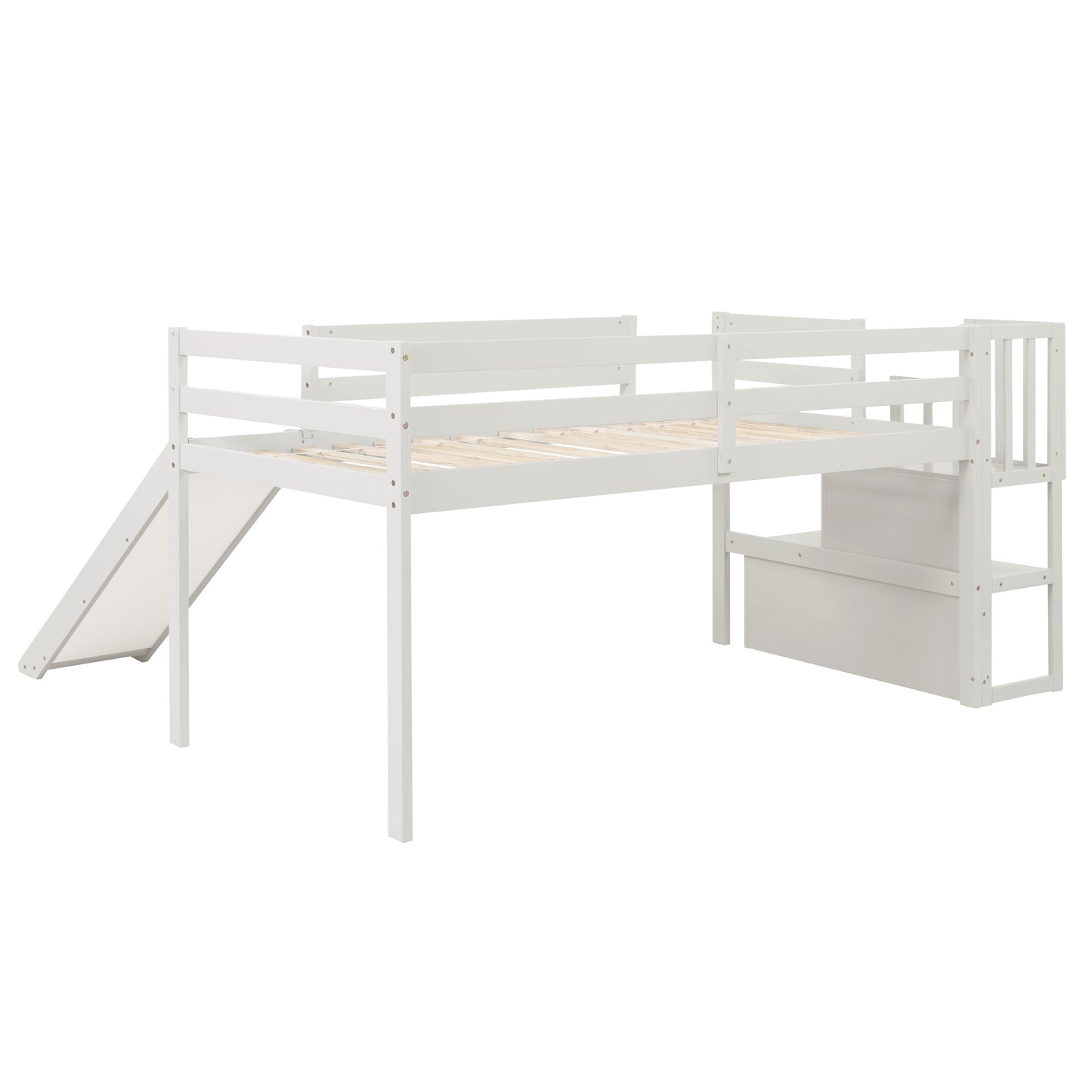 Loft Bed with Staircase, Storage, Slide, Twin size, Full-length Safety Guardrails, No Box Spring Needed, White