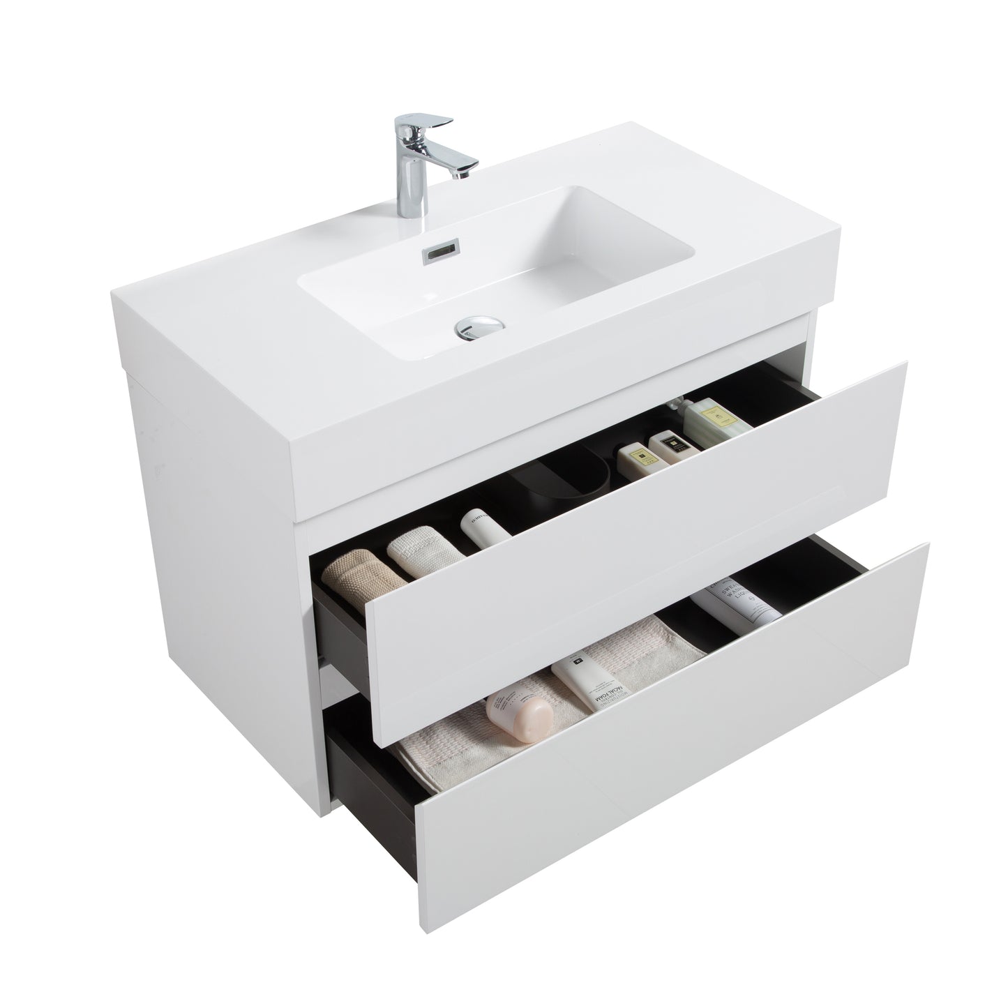 Alice 36" White Bathroom Vanity with Sink, Large Storage Wall Mounted Floating Bathroom Vanity for Modern Bathroom, One-Piece White Sink Basin without Drain and Faucet