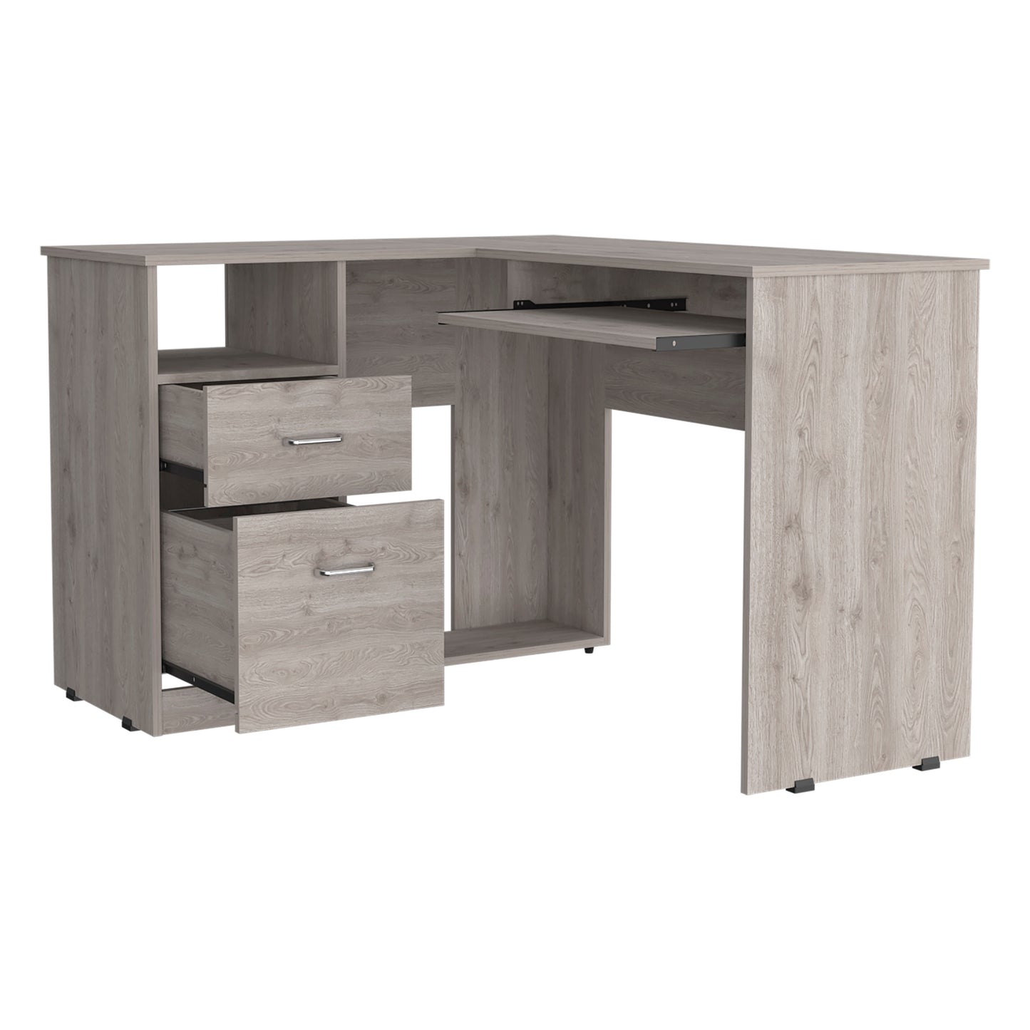 L-Shaped Computer Workstation with Drawer and Shelf in Light Gray