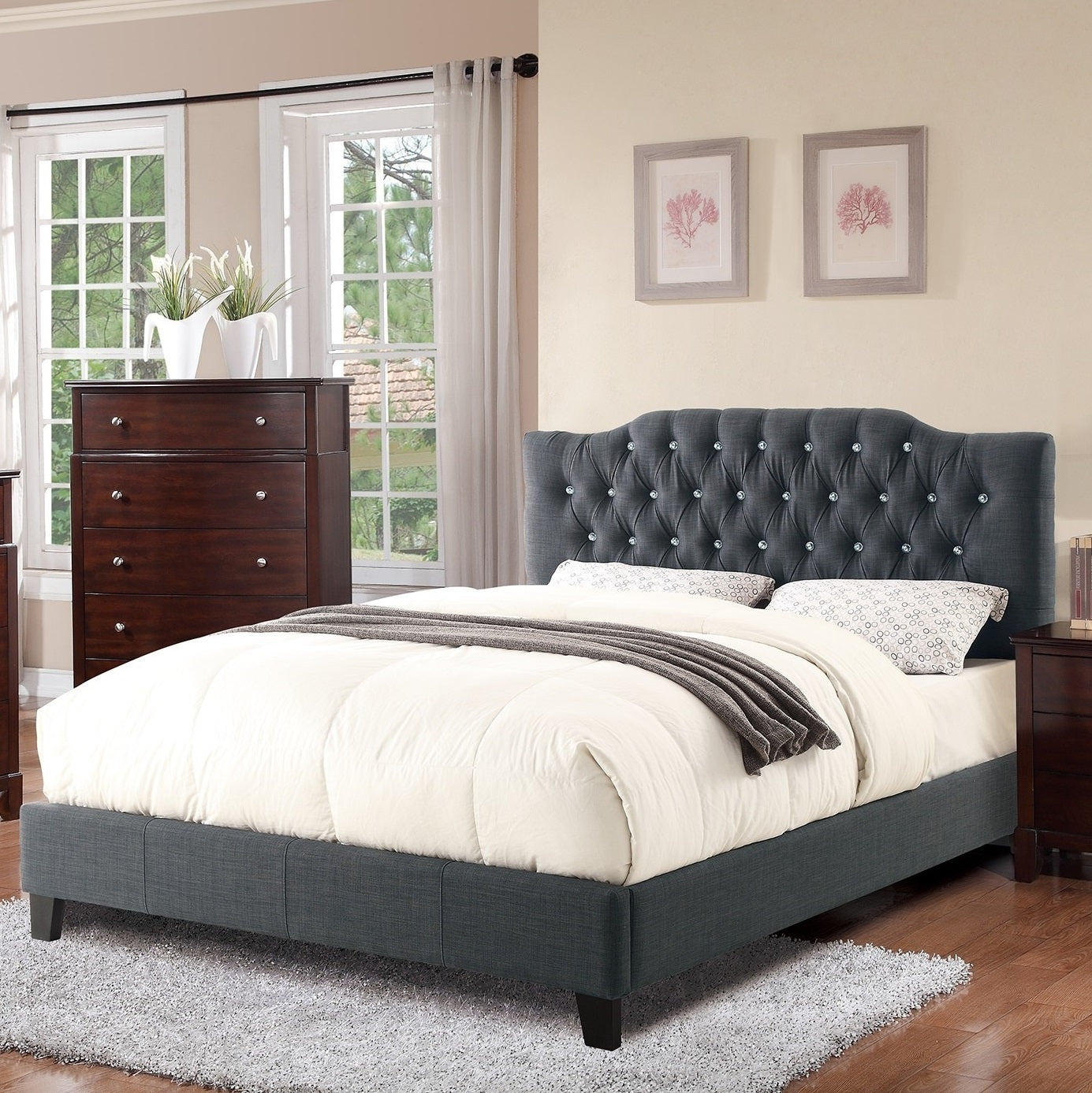 Modern Gorgeous Blue Grey Polyfiber Tufted Full Size Bed 1pc Bedframe Upholstered Headboard Bedroom Furniture wooden Plywood