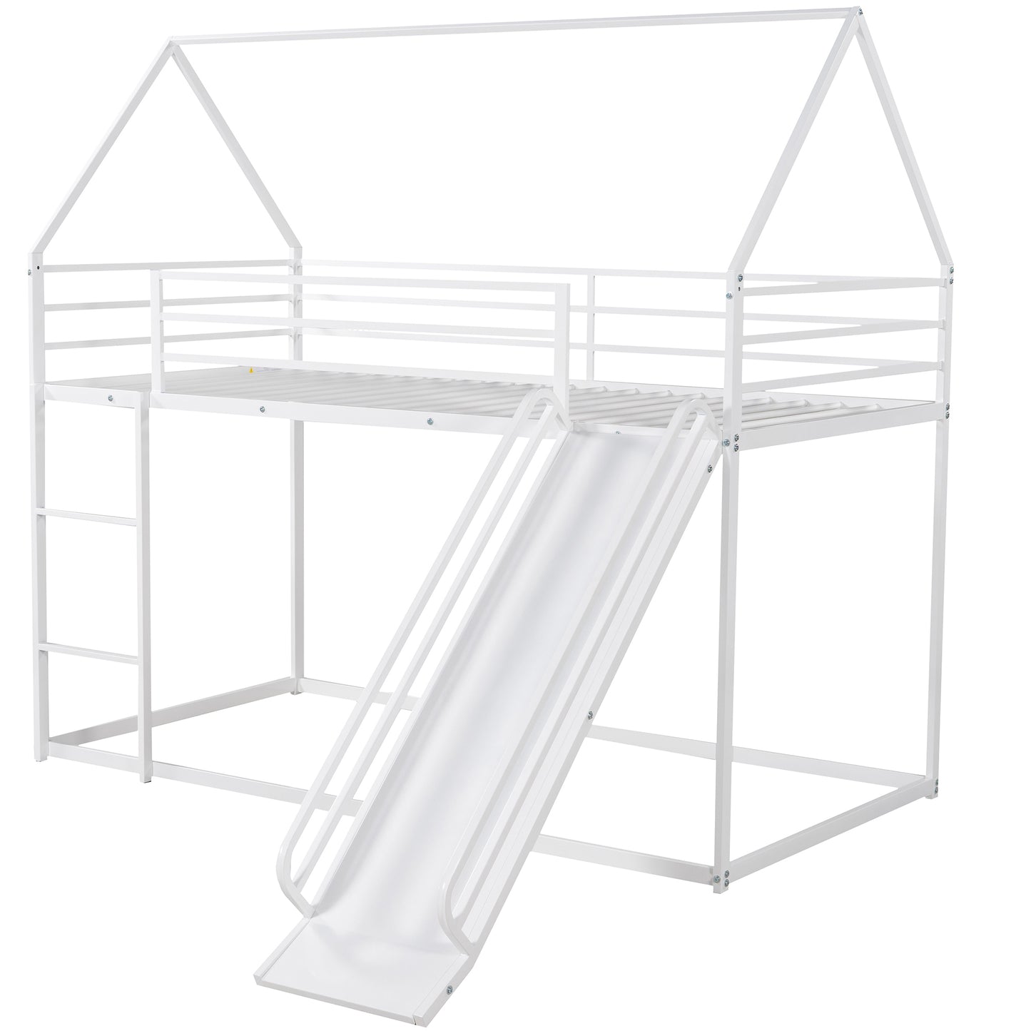 White Twin over Twin House Bunk Bed with Ladder, Slide, and Playhouse