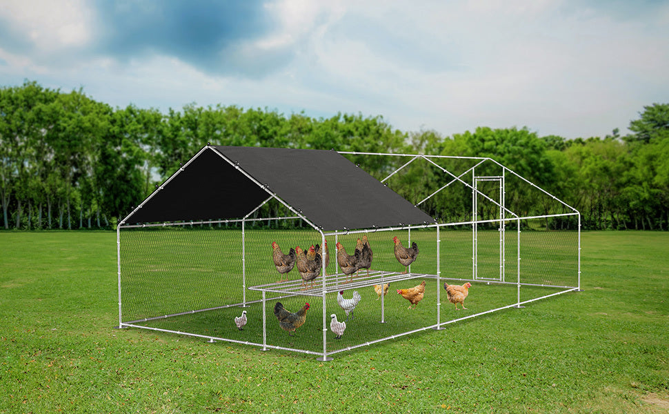 Large metal chicken coop, walk-in chicken coop, galvanized wire poultry chicken coop, rabbit duck coop with waterproof and UV protection cover for outdoor, backyard and farm. 9.8' W x 19.7' D x 6.6' H