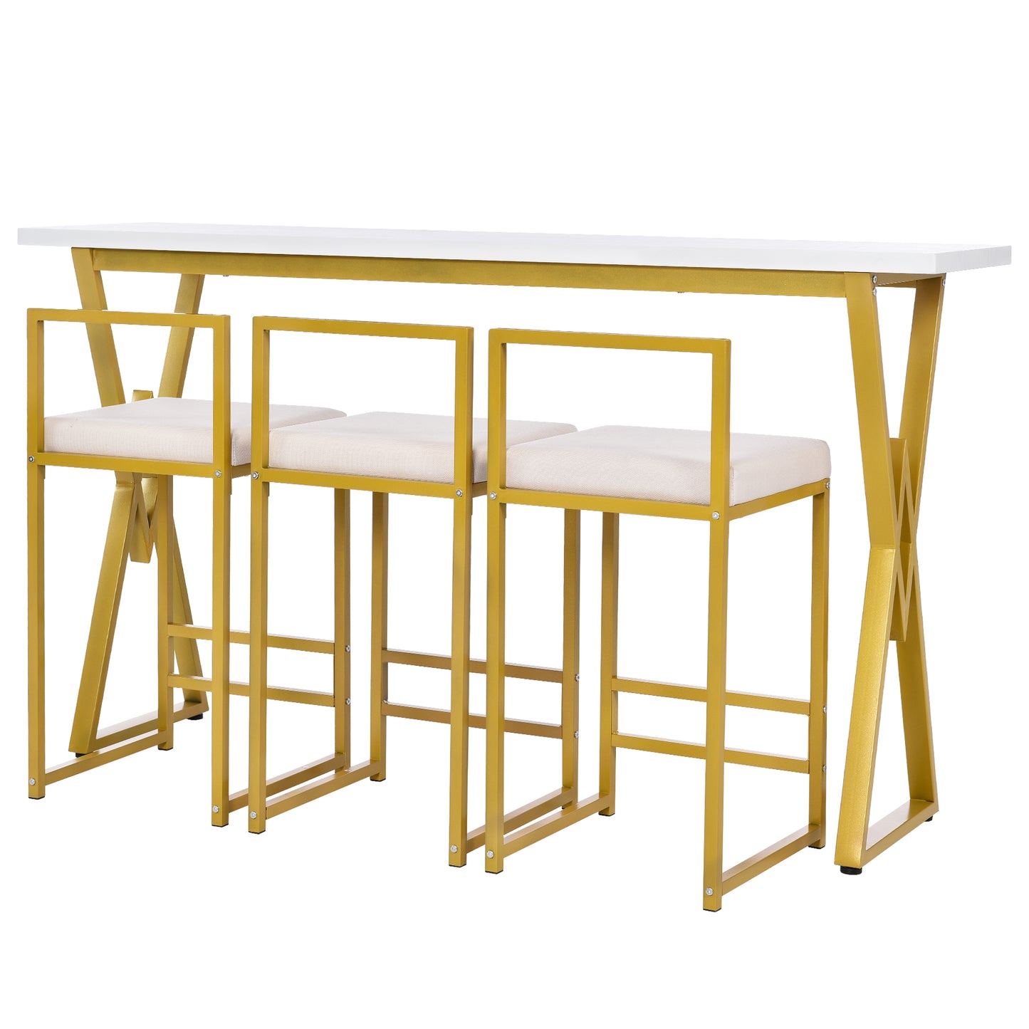 Modern 4-Piece Counter Height Extra Long Console Bar Dining Table Set with 3 Padded Stools for Small Places, Gold