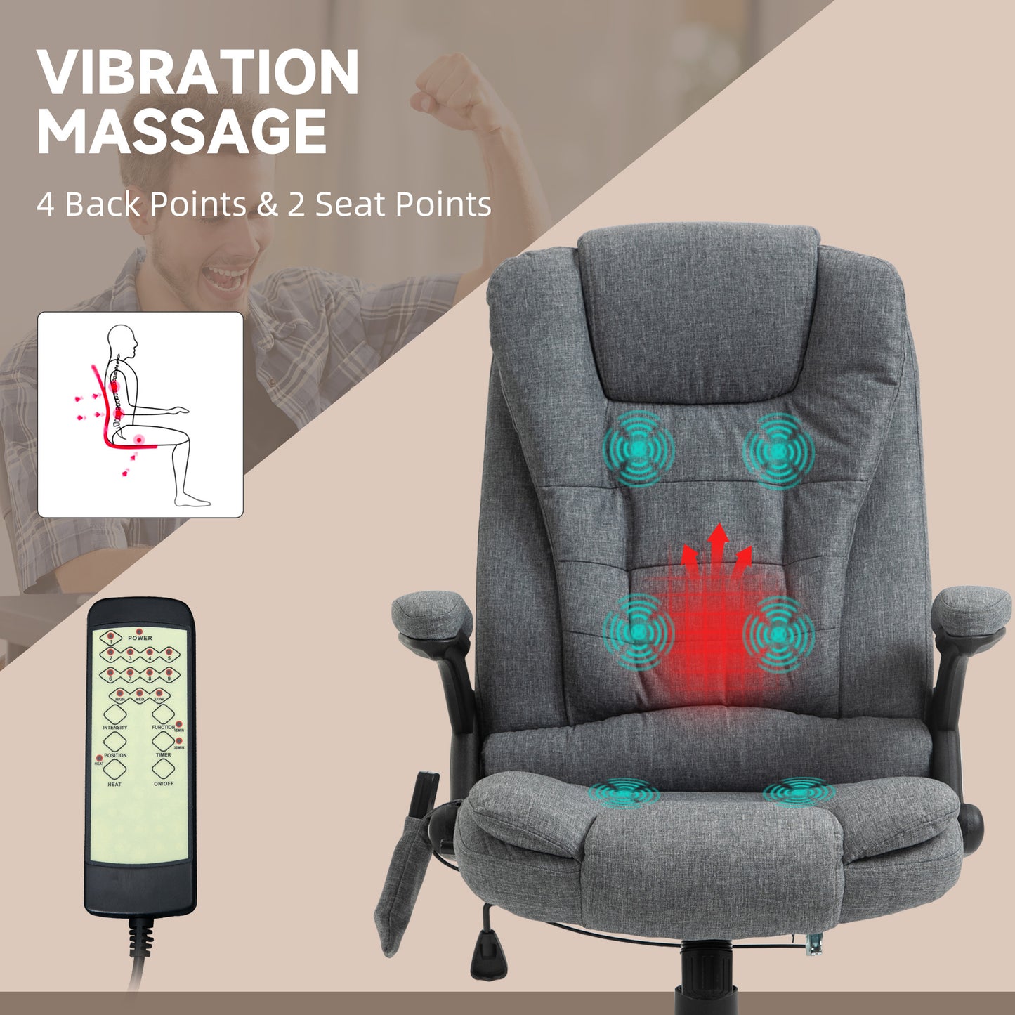 Vinsetto 6 Point Vibration Massage Office Chair with Heat, High Back Executive Office Chair with Padded Armrests, Linen Reclining Computer Chair, Deep Gray