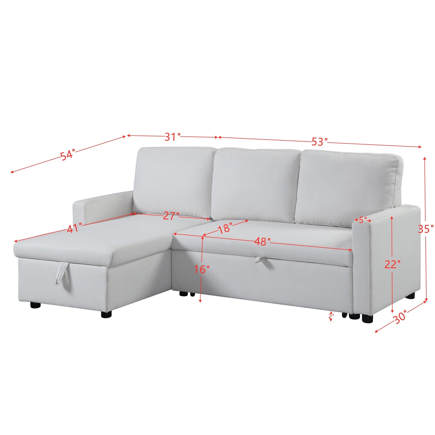 Hiltons Sleeper Sectional Sofa with Reversible Storage Chaise, White Fabric LV00971