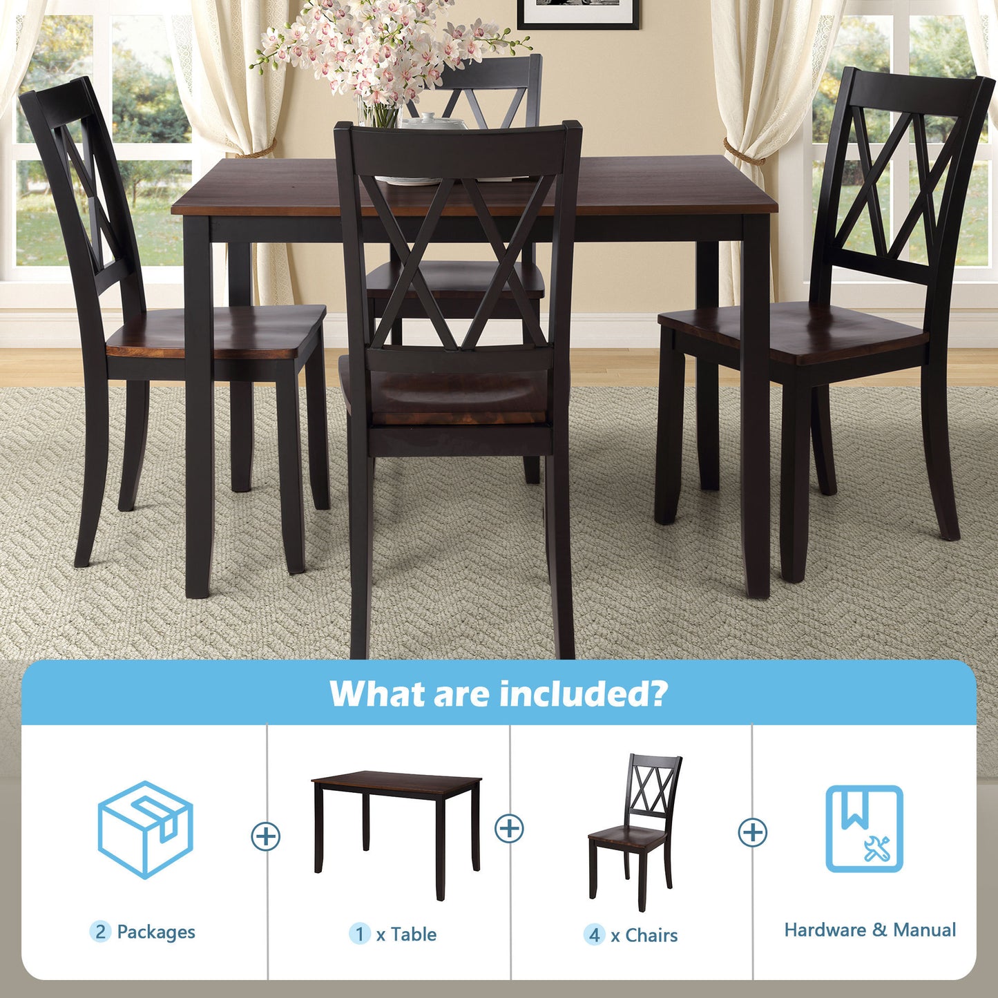 5-Piece Dining Table Set Home Kitchen Table and Chairs Wood Dining Set, Black+Cherry