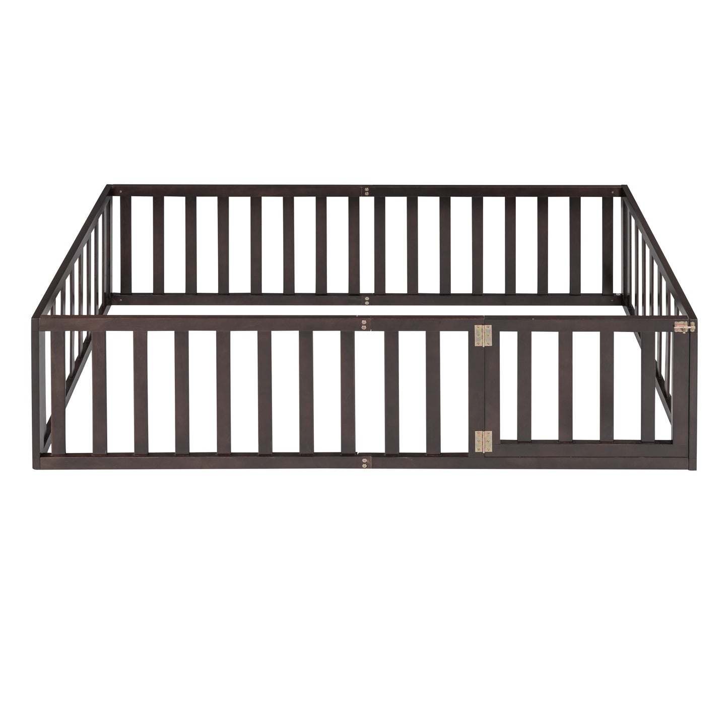 Twin Size Wood Floor Bed Frame with Fence and Door, Walnut( :WF289661AAL)