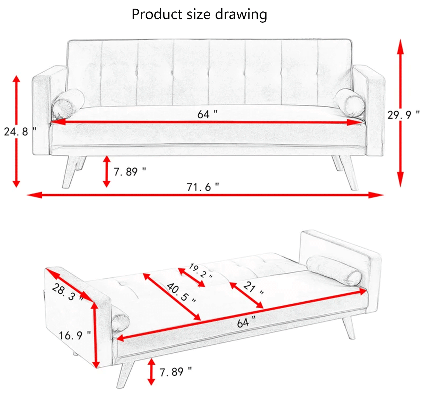 Retro Dark Gray Double Corner Folding Sofa Bed, Two Throw Pillows