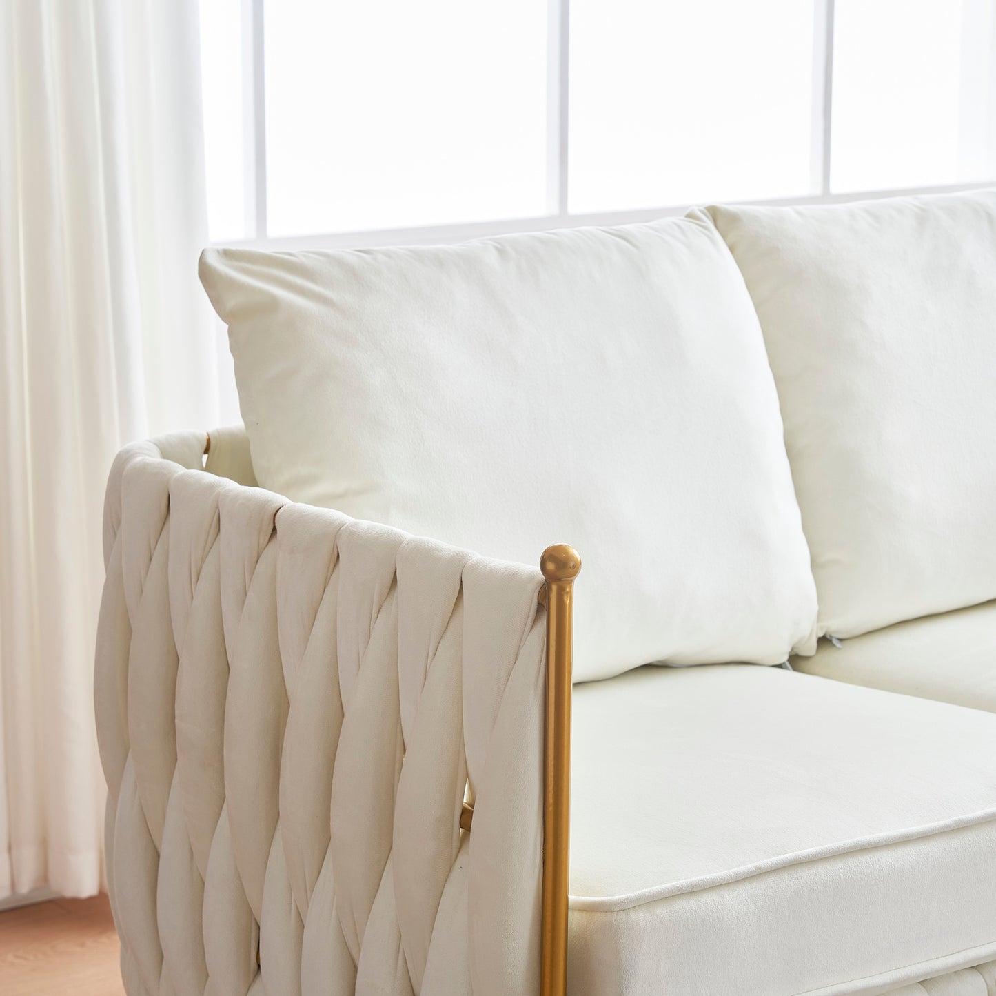 Luxurious 3-Piece Cream White Velvet Living Room Set with Hand-Woven Tufted Back and Golden Metal Legs