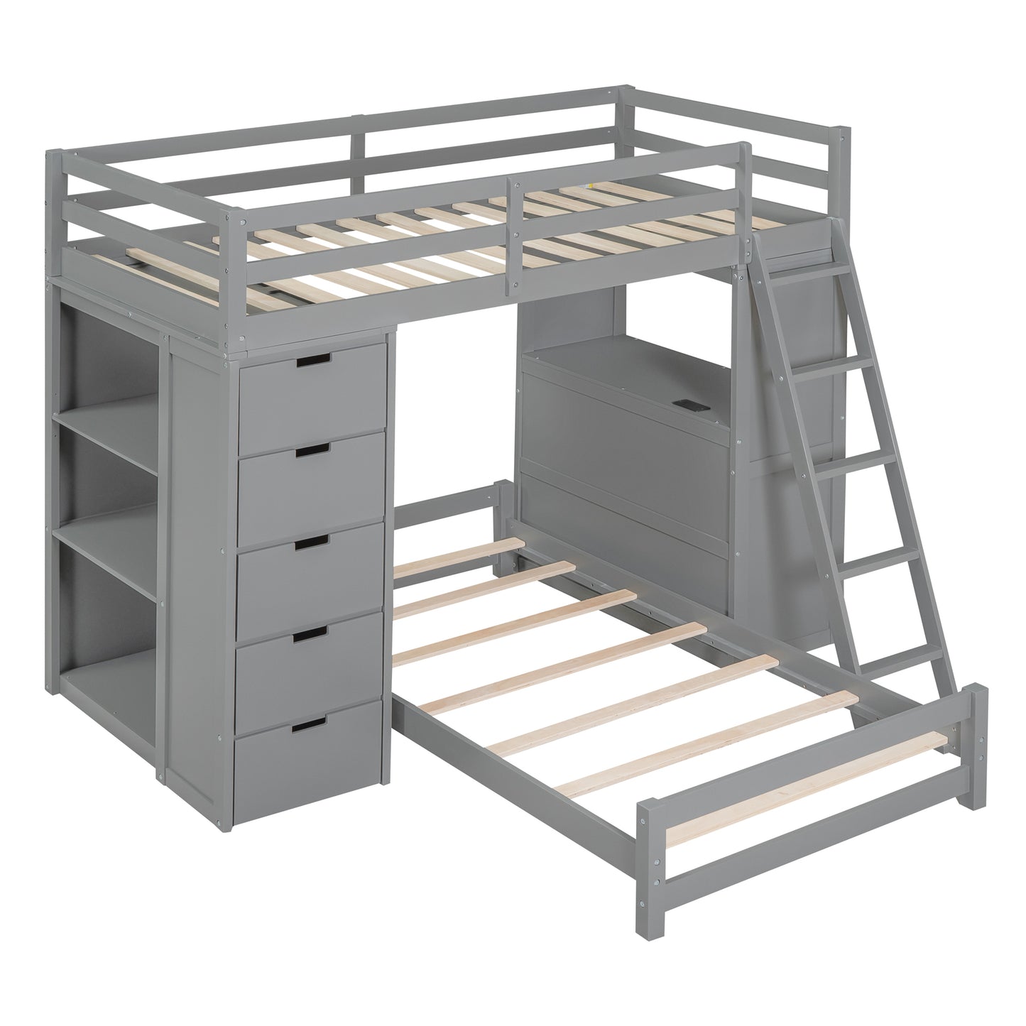 Twin Over Twin Gray Bunk Bed with LED Light, USB Ports, and Storage Space