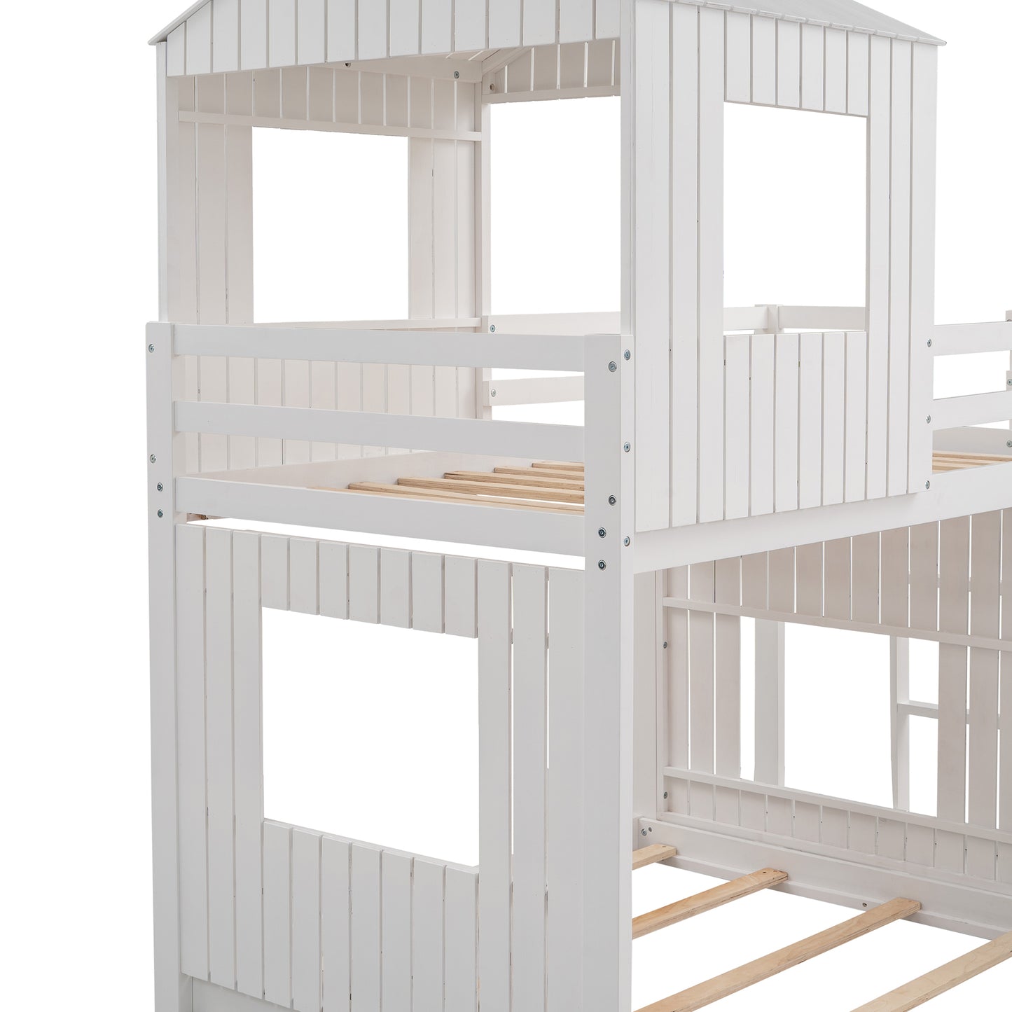 White Wooden Bunk Bed with Playhouse and Slide - Farmhouse Style