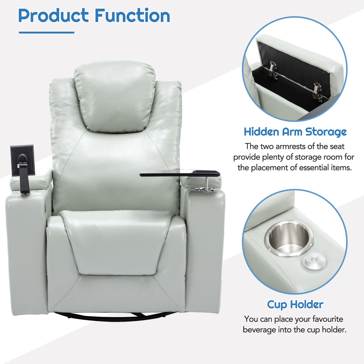 Luxurious Grey PU Leather Power Recliner with Surround Sound and Storage.