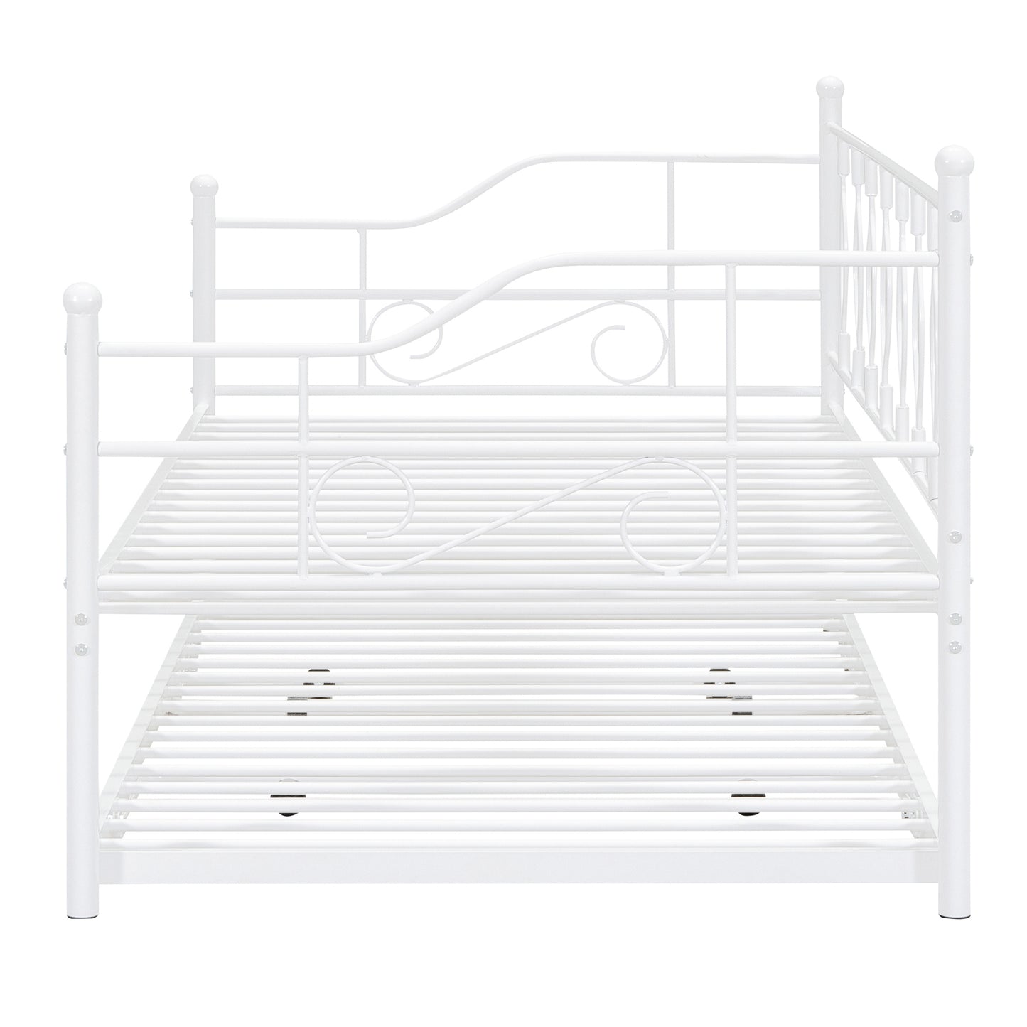 Twin Size Metal Daybed with Twin Size Adjustable Trundle, Portable Folding Trundle, White