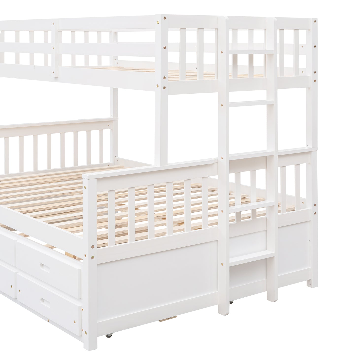 Playful Twin-Over-Full Bunk Bed with Trundle and Drawers - White