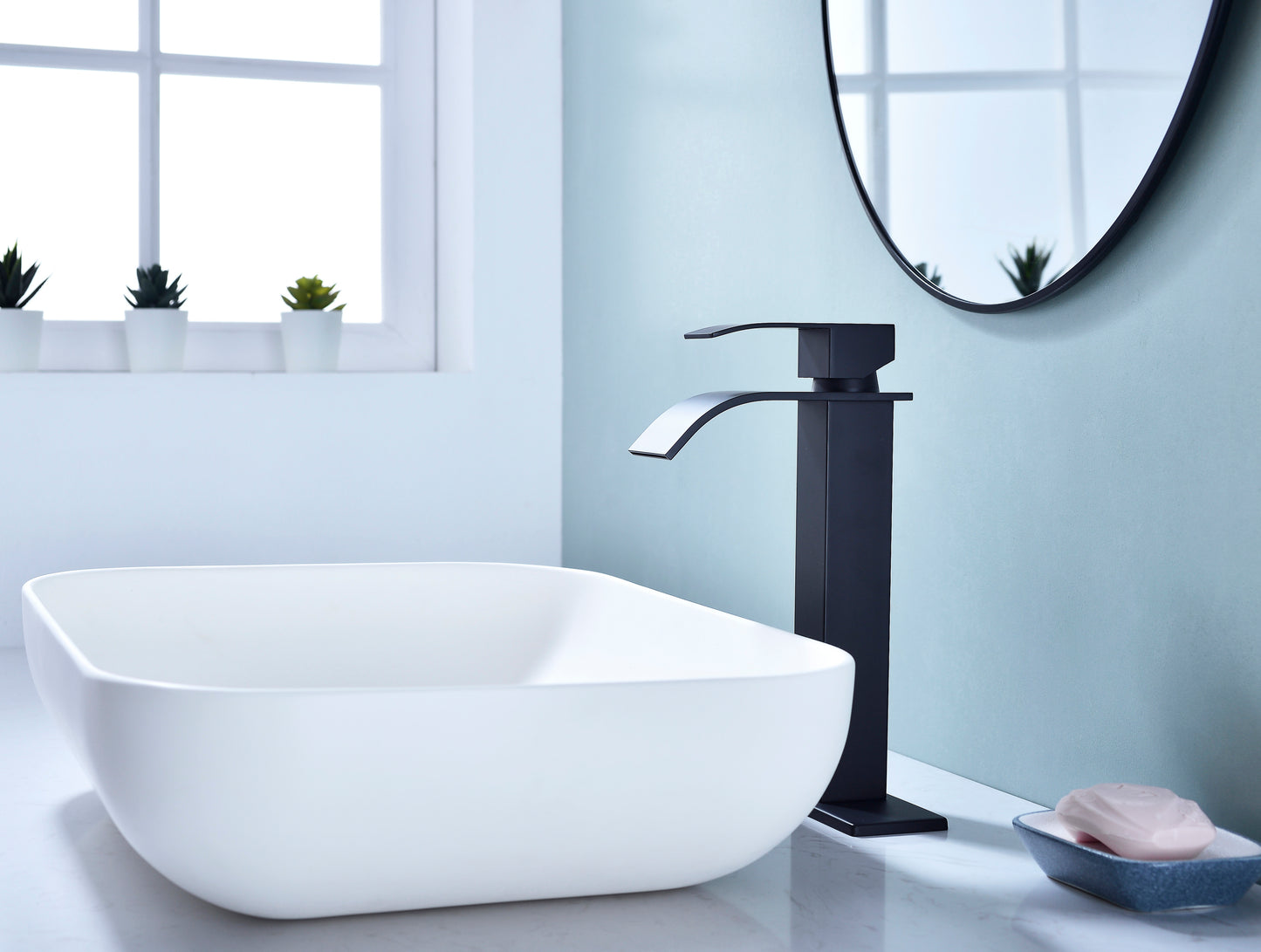 Waterfall Spout Stainless Steel Bathroom Faucet with Matte Black Finish