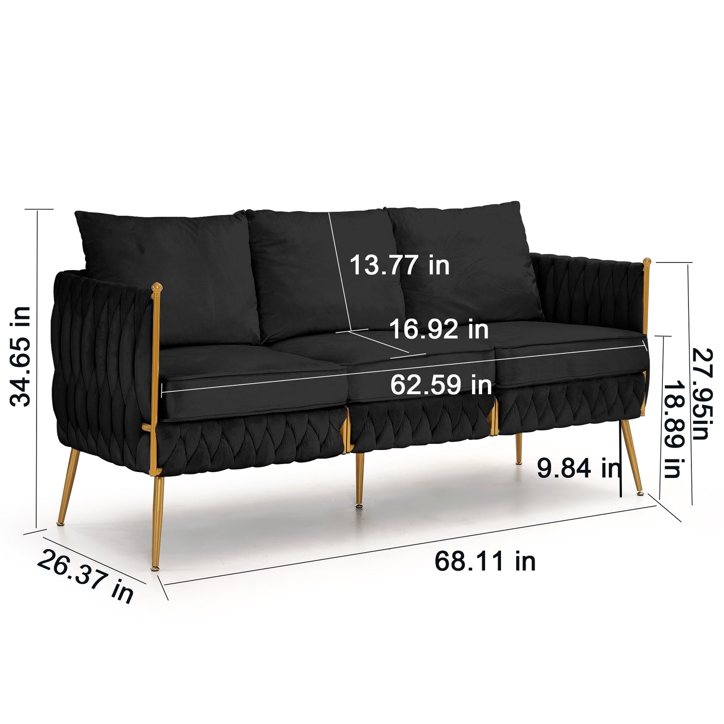 Velvet Couch Sofa for Three People , Upholstered Sofa with Stylish Woven Back, Small Comfy Couch with 3 Pillows, Modern 3-Seat Sofa with Gold Frame for Living Room , Black Velvet