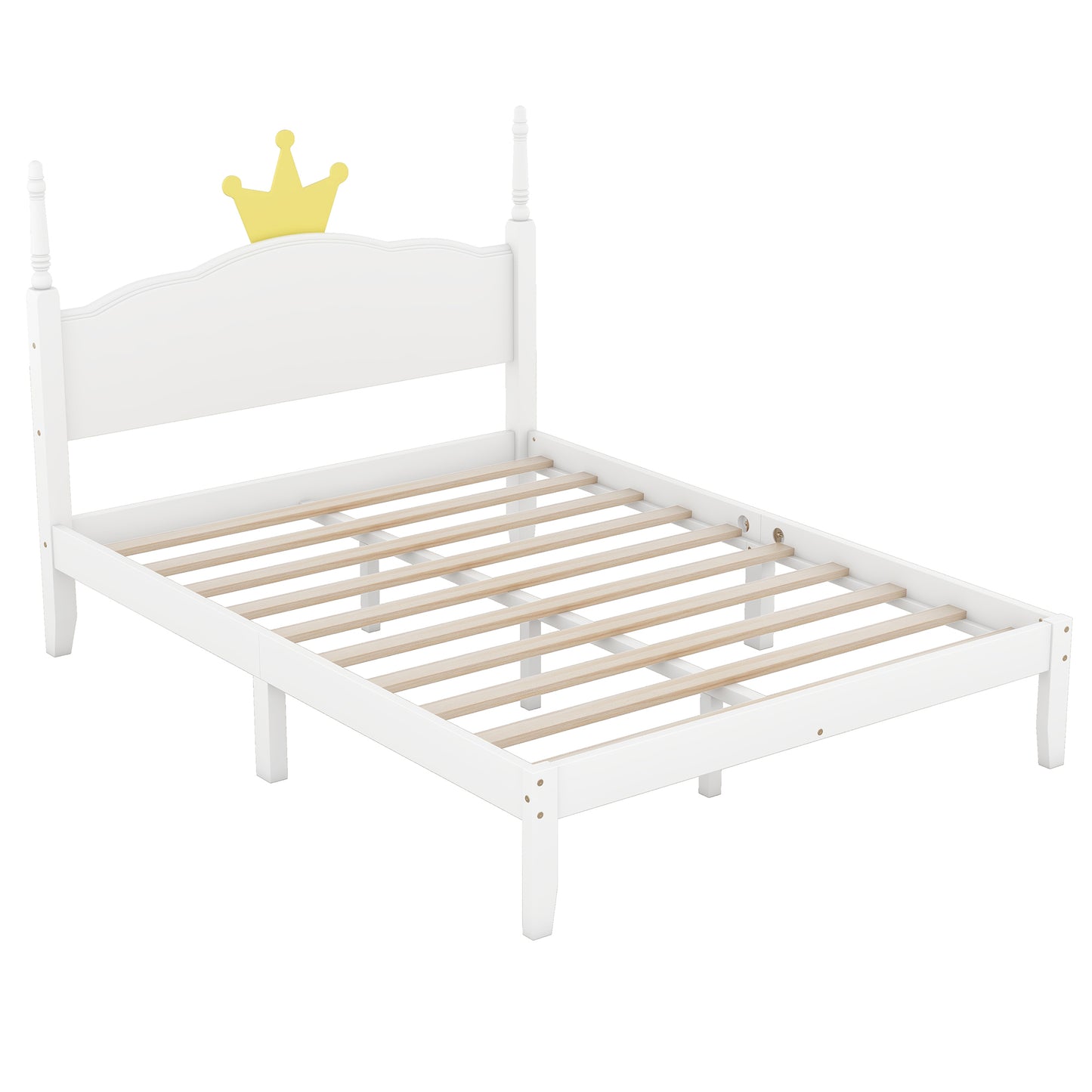 Full Size Wood Platform Bed with Crown Shaped Headboard, White