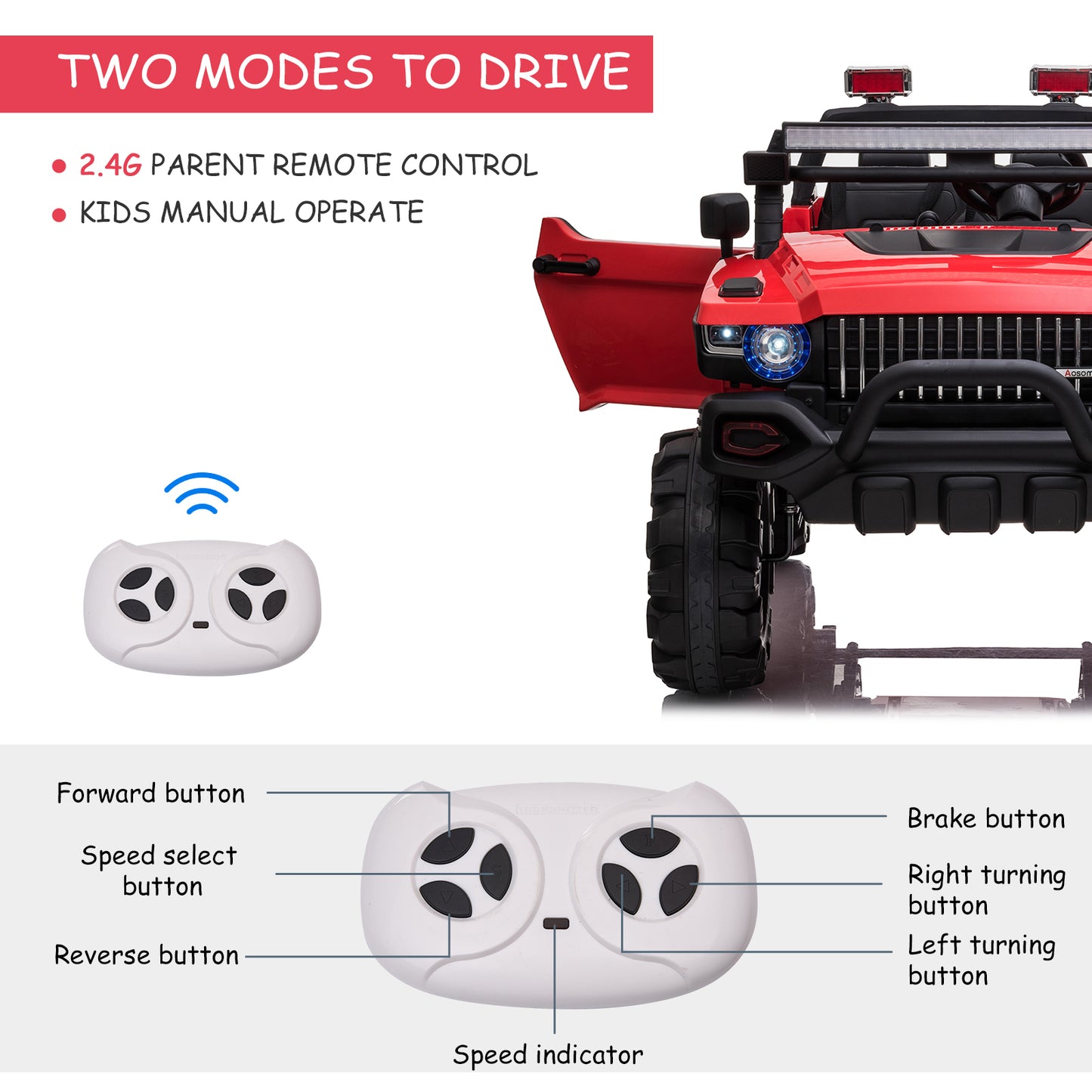 12V 2-Seater Red Police Car Ride-on Truck for Kids with Remote Control