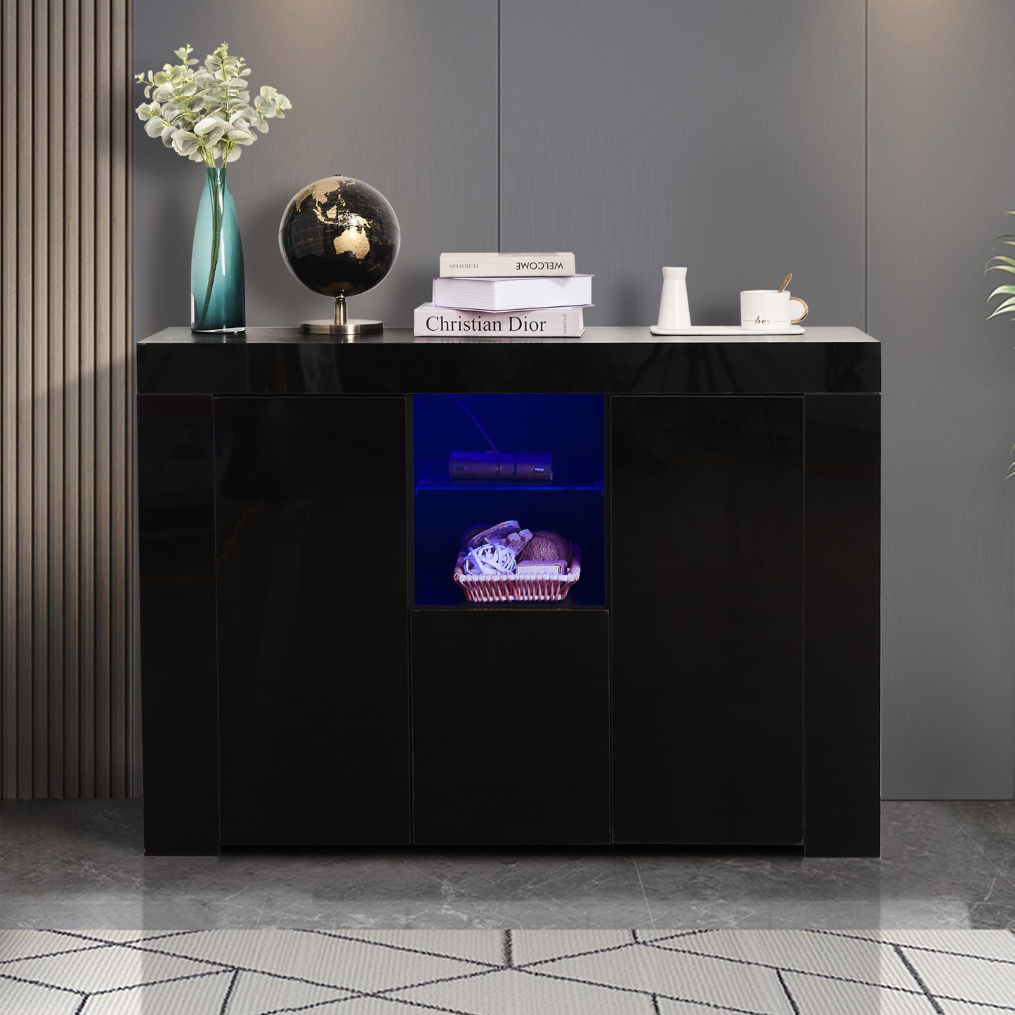 Modern White High Gloss LED Sideboard with Drawer and Storage Cabinet