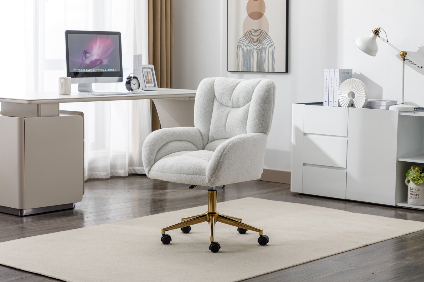 005-Teddy Fabric 360 Swivel Home Office Chair With Gold Metal Base And Universal Wheels,Ivory