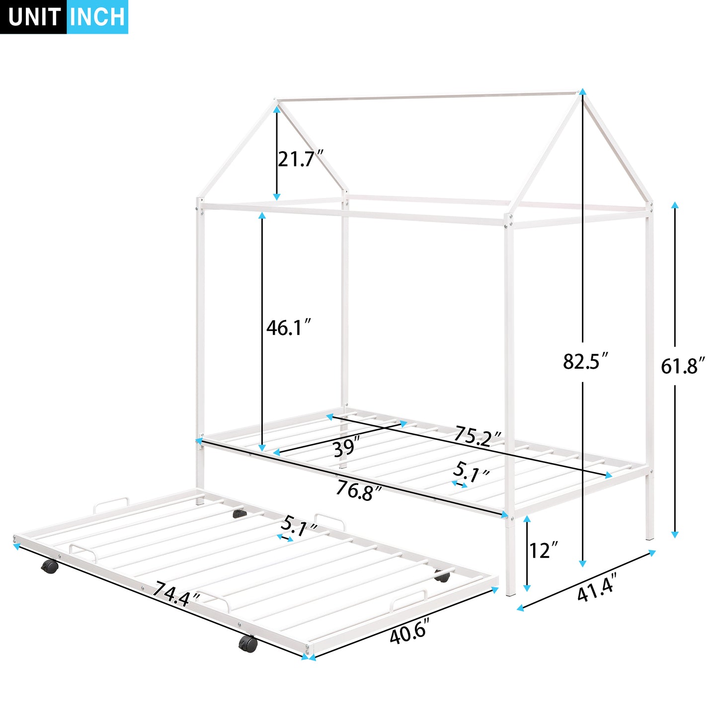 Twin Size Kids House Bed With Trundle, Metal House Bed White