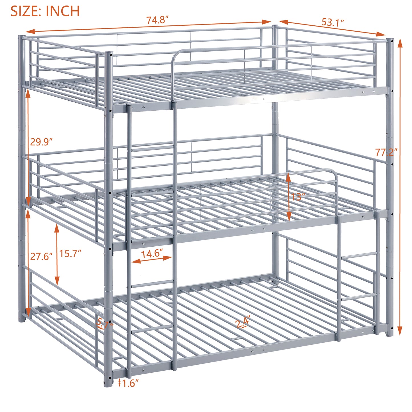 Full-Full-Full Metal  Triple Bed  with Built-in Ladder, Divided into Three Separate Beds,Gray