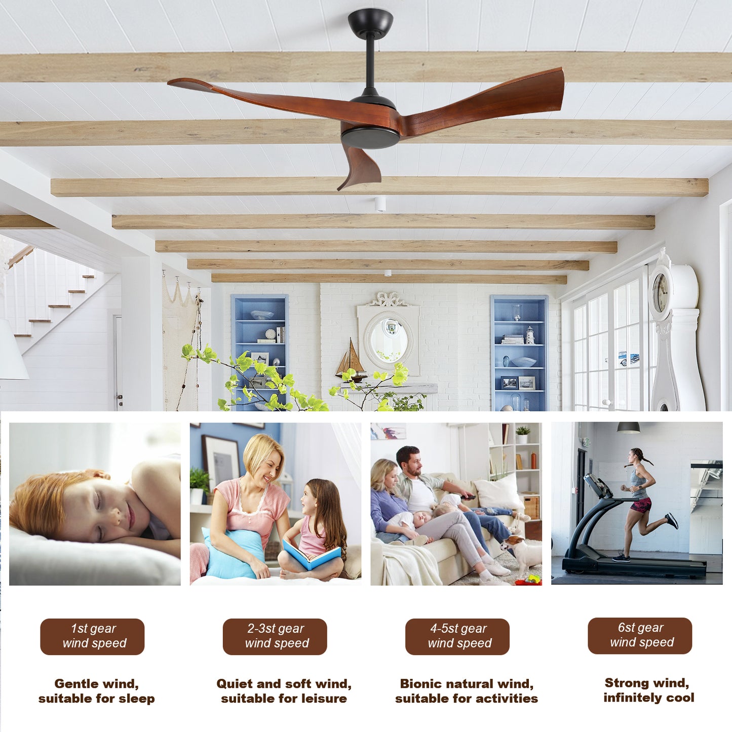 52 Inch Modern Solid Wood Ceiling Fan with Remote Control