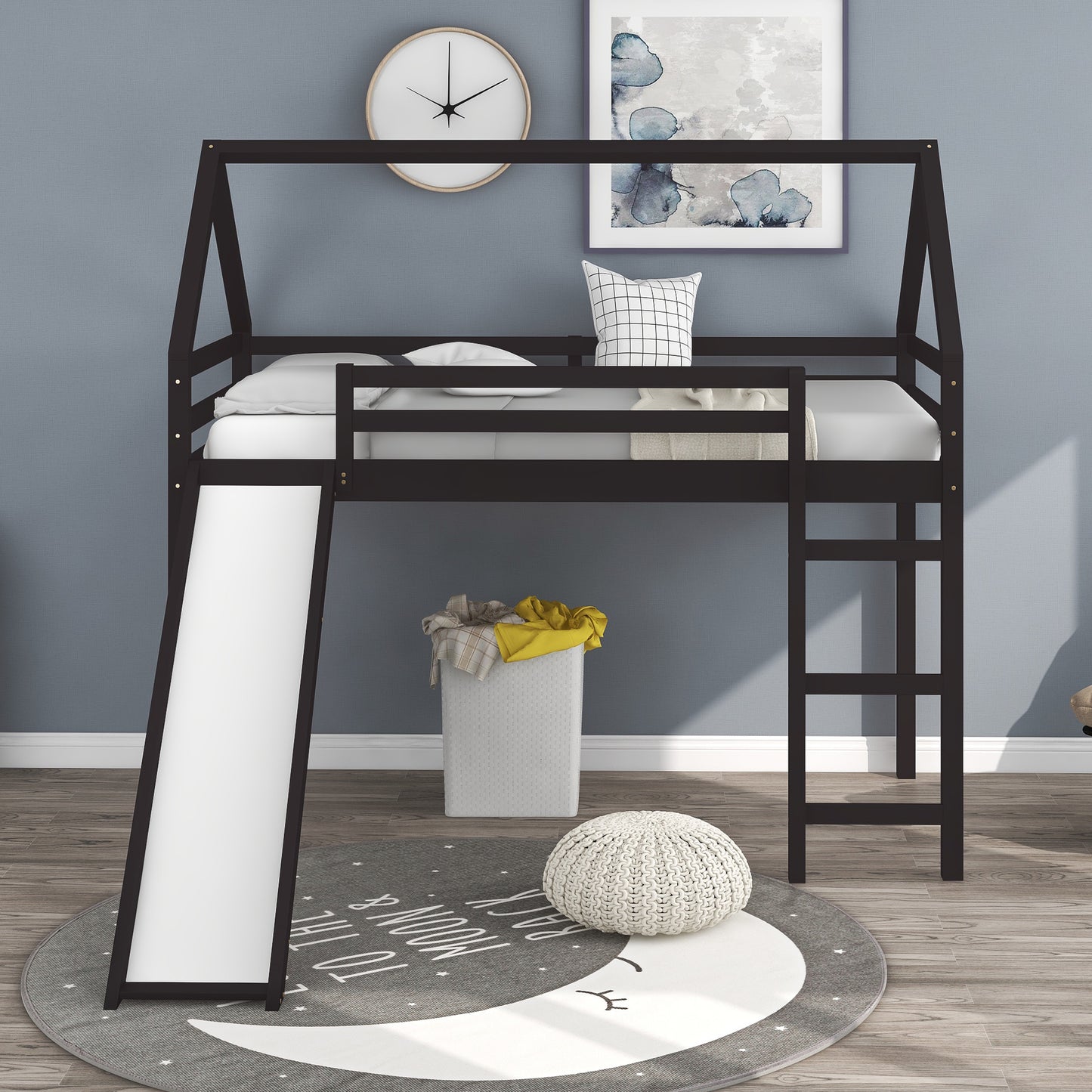 Twin Size Loft Bed with Slide, House Bed with Slide,Espresso( :WF281158AAP)