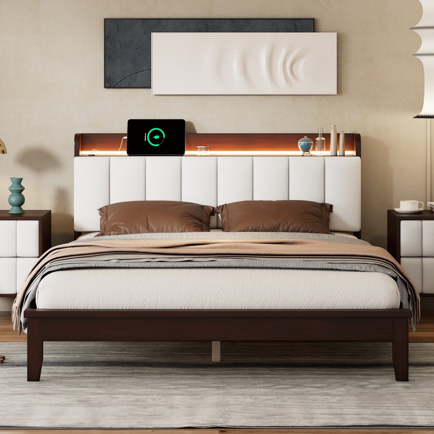 Queen size Platform Bed with USB Charging Station and Storage Upholstered Headboard,LED Bed Frame,No Box Spring Needed,Walnut+Beige