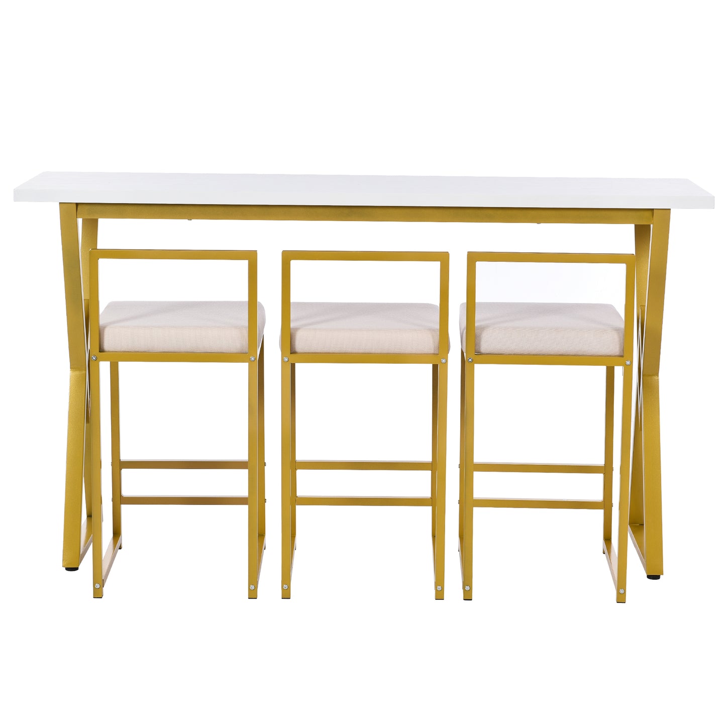 Modern 4-Piece Counter Height Extra Long Console Bar Dining Table Set with 3 Padded Stools for Small Places, Gold