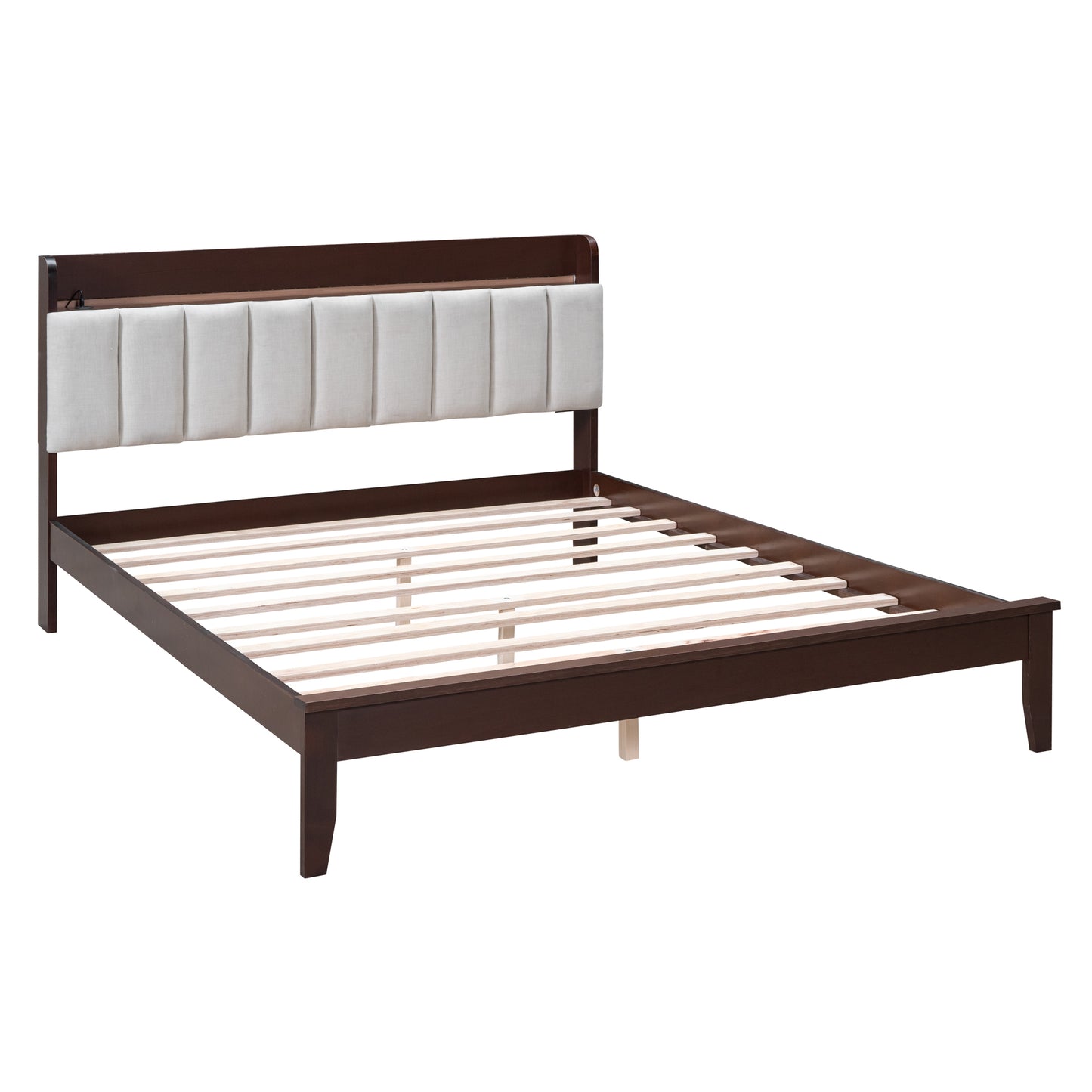 Queen size Platform Bed with USB Charging Station and Storage Upholstered Headboard,LED Bed Frame,No Box Spring Needed,Walnut+Beige