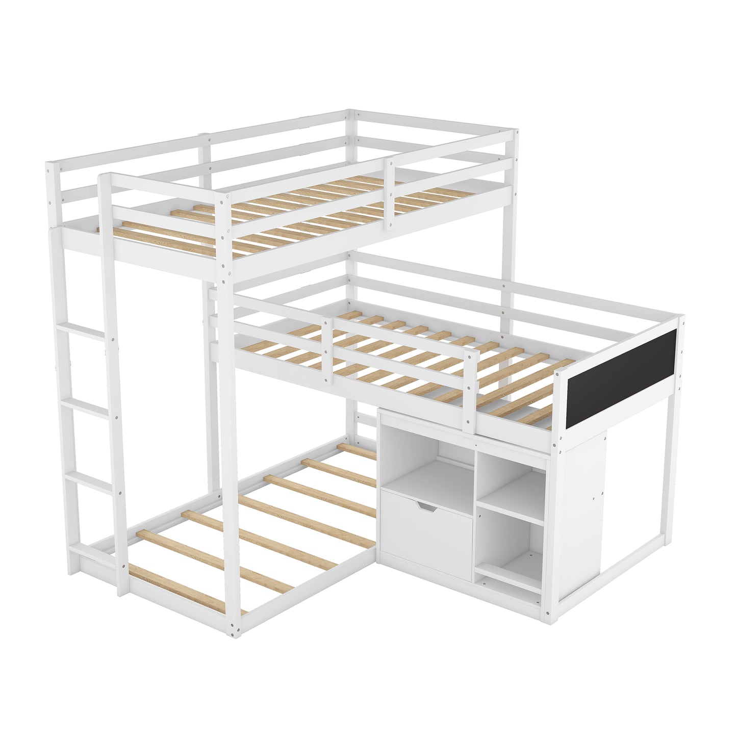 L-Shaped Triple Bunk Bed with Storage Cabinet, Blackboard, and White Finish - Innovative Space-Saving Solution