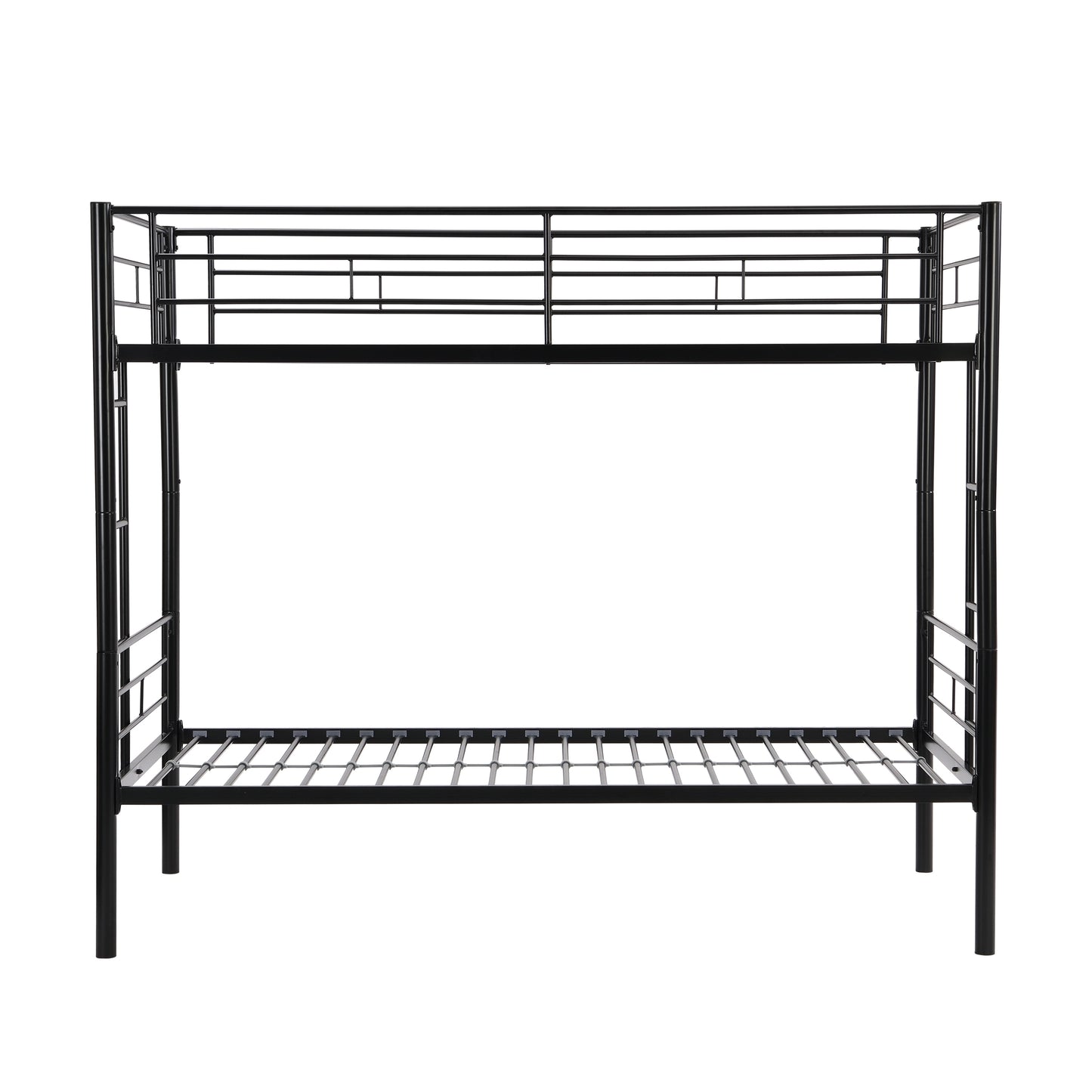 Convertible Twin Over Twin Metal Bunk Bed with 2 Ladders, Guardrail, and Storage Space in Black