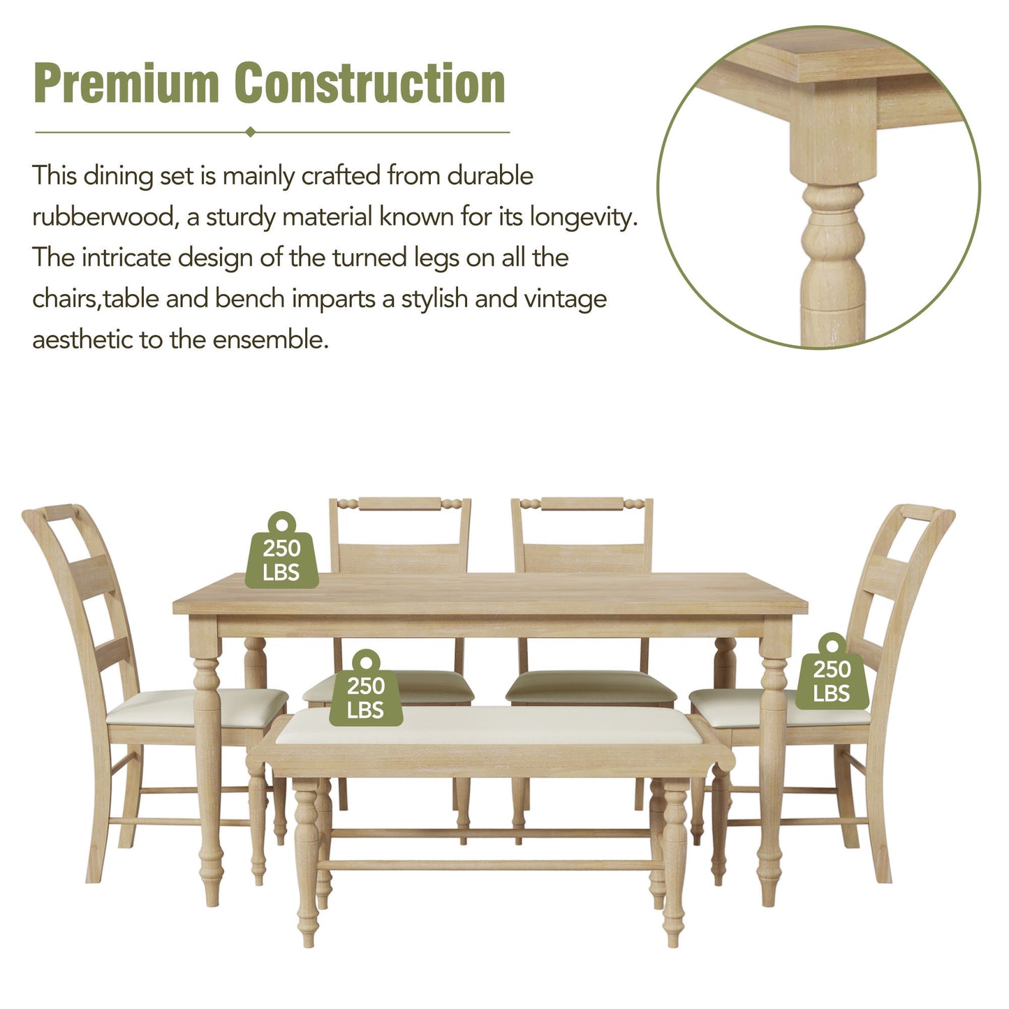 6-peice Dining Set with Turned Legs, Kitchen Table Set with Upholstered Dining Chairs and Bench,Retro Style, Natural