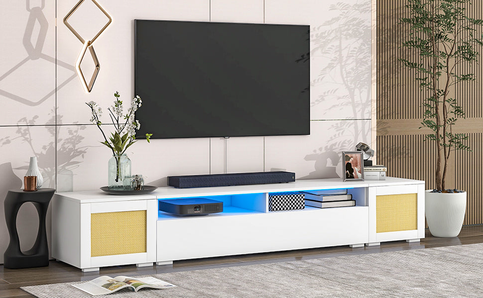 Modern White LED Entertainment Center with Rattan Style Accents and Color Changing Lights