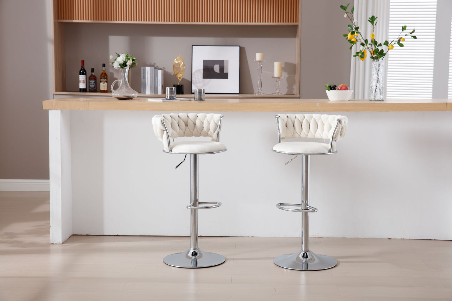 Set of 2  Bar Stools,with Chrome Footrest and Base Swivel Height Adjustable Mechanical Lifting Velvet + Bar Stool-BEIGE