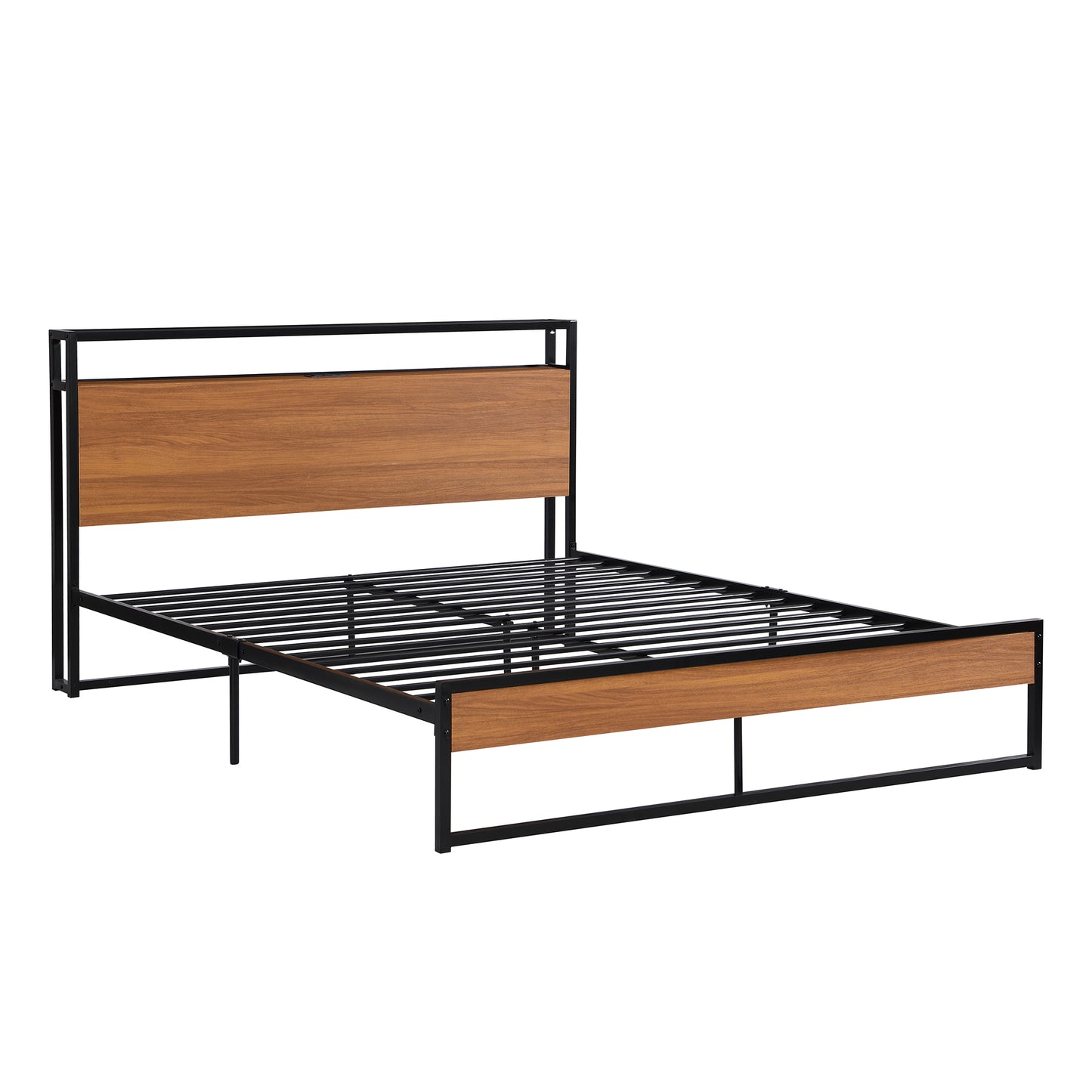 Queen Size Metal Platform Bed Frame with Sockets, USB Ports and Slat Support ,No Box Spring Needed Black