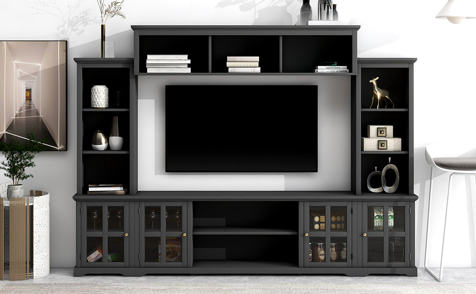 Sleek Entertainment Wall Unit with Bridge and Tempered Glass Door, Modern TV Console for TVs Up To 70