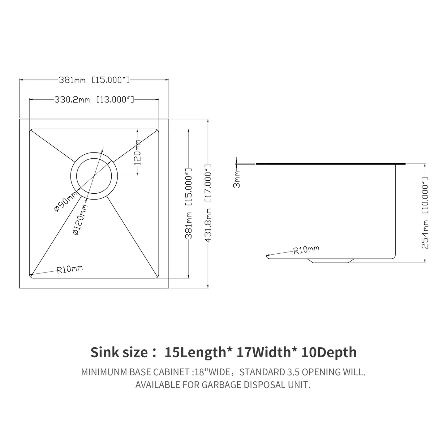 Gunmetal Black Undermount Stainless Steel Kitchen Sink - 15x 17x 10 Single Bowl Basin